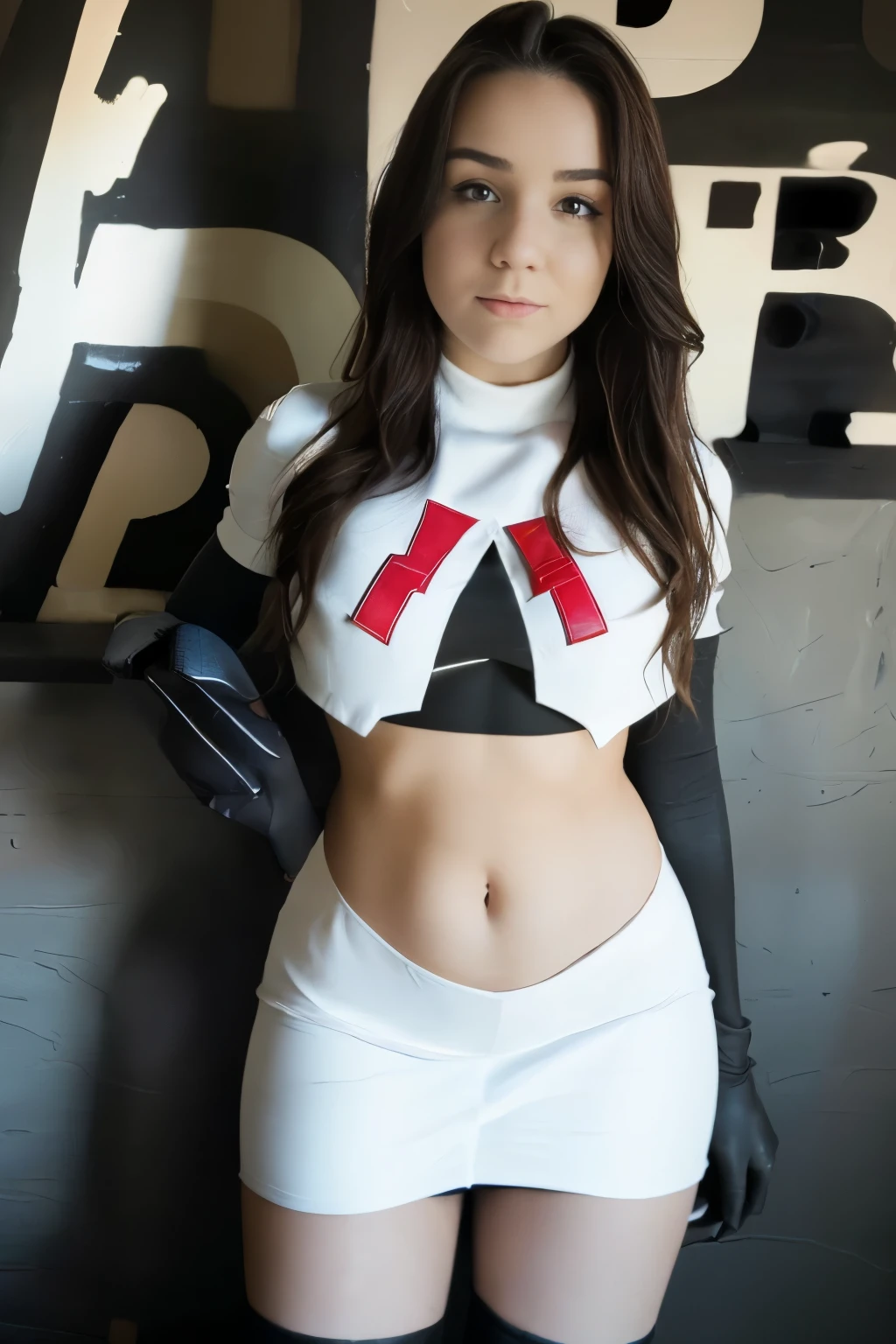 woman,missrage, (masterpiece:1.4, best quality), (intricate details), ultra detailed, hyper realistic, detailed skin, team rocket,team rocket uniform,white skirt,red letter R,crop top,black thigh-highs,black elbow gloves,