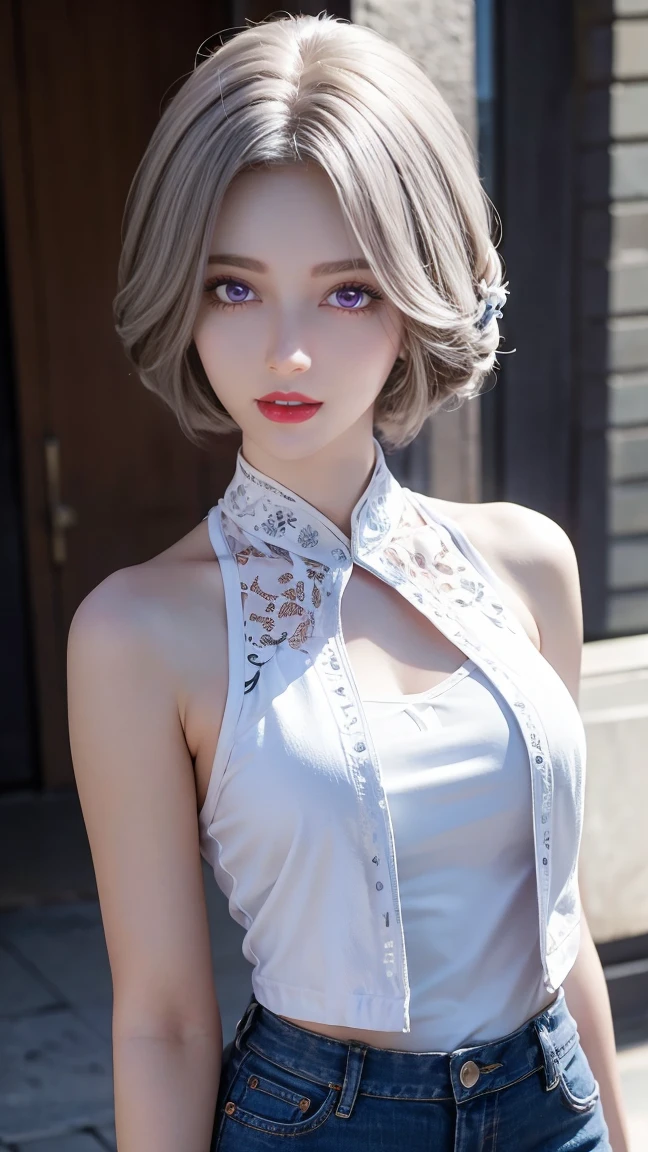 Upper body, newspaper background, beautiful Asian girl photos, cool feelingadvanced photos, western beauty, shoulder length white hair with a pinch of bluered suspender sleeveless vest, Jean jacket, white lace line around the neck, artistSargent's color, realistic facial features, beautiful lights, extremely beautiful facialdetails and delicate eyes, clear and three-dimensional facial features, 32K Full body
