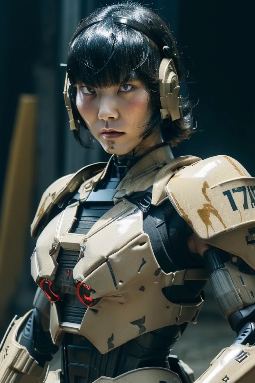 extremely detailed CG unity 32K wallpaper, top quality, masterpiece, raw photo, photorealistic, highest resolution, professional photo, dynamic, cinematic lighting, (World War 2, 1940s, cyberpunk:1.4), science fiction, sharp focus, depth of field, (perfect body, correct anatomy:1.5), intricately detailed face, expressive face, POV, (from front:1.3), 1 girl, Japanese woman, ((female soldier:1.3)), mecha-musume, solo, cowboy shot, black hair, short hair, ultra-realistic skin, detailed skin, tan, (dark and bright eyes:1.4), highly detailed nose and lips, ((combat uniform of Imperial Japanese Army:1.5)), (slender, medium breast:1.5), ((powered suit, mechanical body armor, highly weaponized body:1.4)), perfect body proportion, (((in combat with US Marine:1.2))), (((a pair of huge guns is mounted on both shoulders:1.5))), (((outdoor, battlefield, rainforest of Papua New Guinea, noon:1.3)))