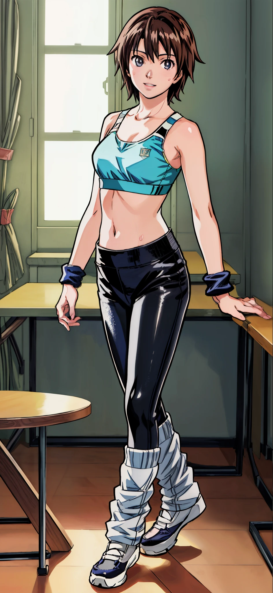(highest quality,4K,8K,High resolution,table top:1.2), Super detailed, (realistic,photorealistic,photo-realistic:1.37), face close-up,meadow girl, sweating,grin and laugh,put your hands on your hips,((sports bra and black leggings)), Wristband,beautiful and detailed eyes, beautiful detailed lips, highly detailed eyes and face, long eyelashes, realistic anime 3D style, Smooth anime CG art, Digital rendering by Makoto Shinkai, Moe anime art style, photorealistic rendering of an anime girl, Shinkai Makoto style, Cute anime girl visuals, realistic young anime girl, girl fan art, Created by Anime Artist'studio of.