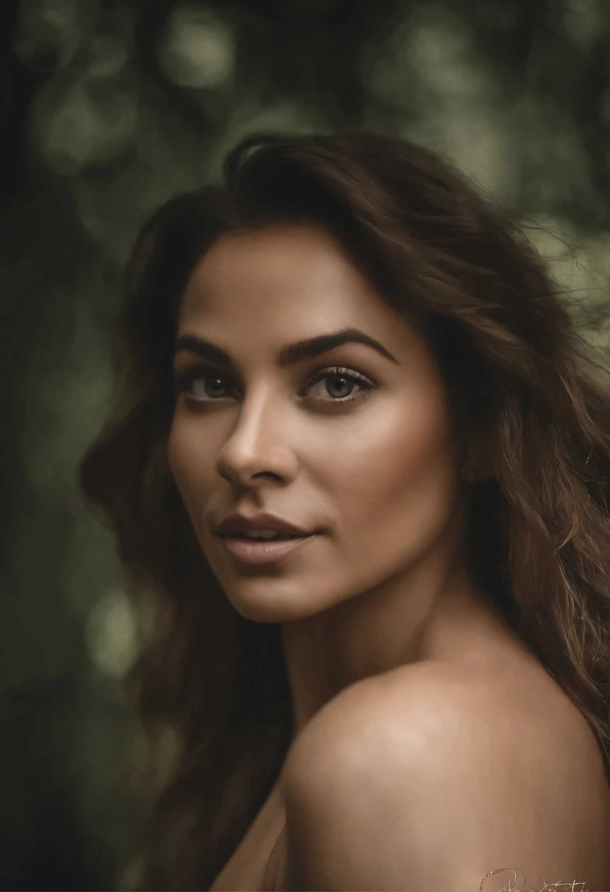 uma mulher de beleza exotica, pele branca, cabelos ruivos e olhos verdes, tatuagem no rosto, , mysterious lighting, desfoque de profundidade, imagem hd, boa qualidades, foto de frente, looking at camera with mysterious facial expression, plano de fundo de floresta. Bonita, vestimentas selvagens