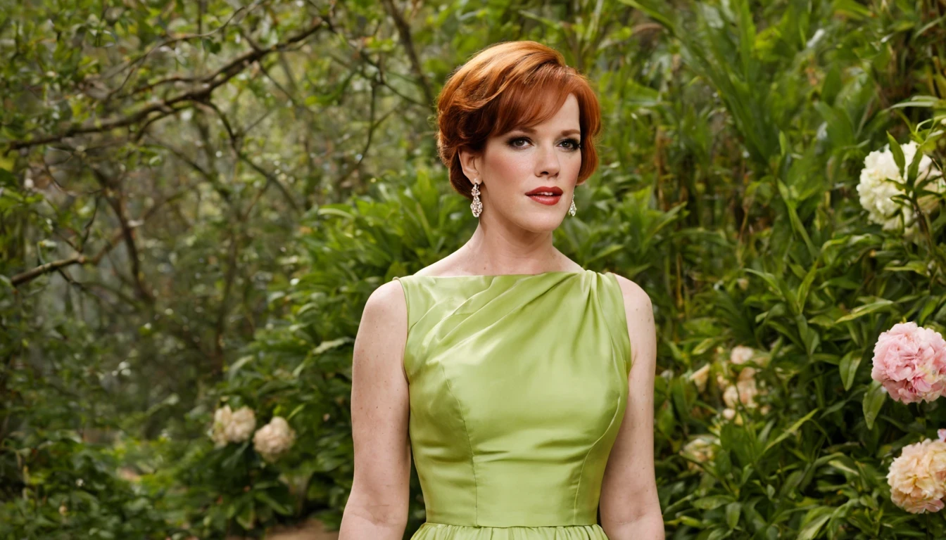 beautiful girl "Molly Ringwald", vestido de corpo inteiro, Delicate and beautiful Lime Green silk dress, caminhando perto de uma cachoeira linda e com muitas flores em volta.