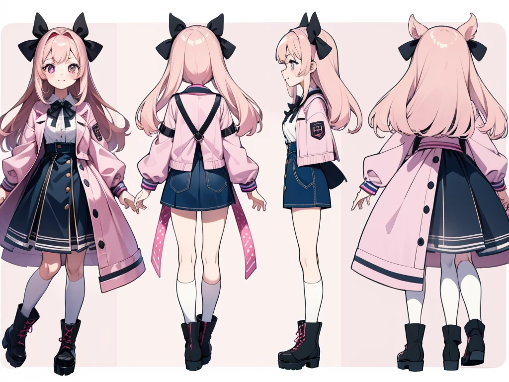 character sheet,masterpiece, highest quality, cute, cute, 1 girl, alone, Mine series,platform boots,pink makeup,T pose,pink weaving,A sloppy smile,close your mouth,denim,Jacket,Mine seriesヘアー