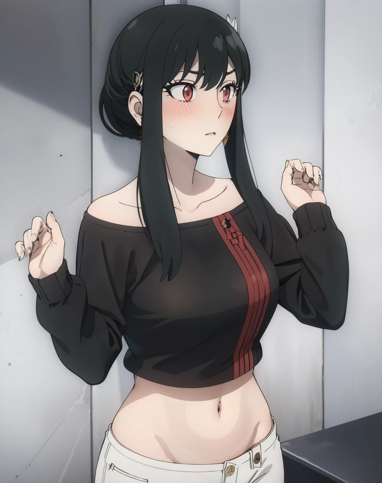 yor briar, sad, off shoulder, black clothes, hands up, side boobs, cleavage, navel, black haor, hair ornament, hand behind back, blush, white splash background, short pants
