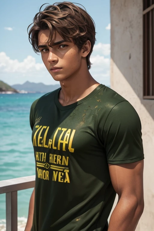 homem de , pele levemente bronzeada, slightly messy light brown hair, olhos verdes, ATHLETIC BODY, Camiseta vermelha, Camisa preta, no quarto
