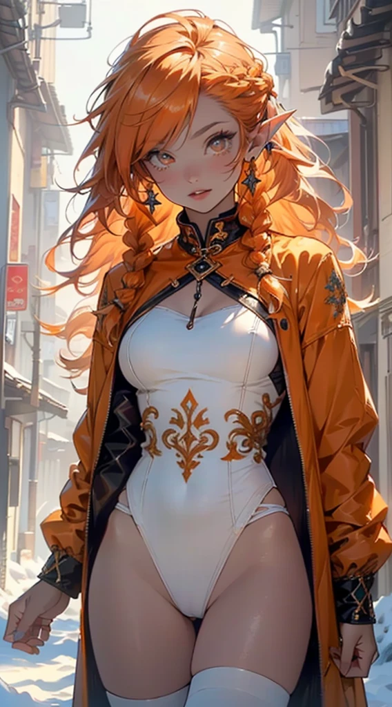 1girl, solo, yorigami jo'on, orange hair, drill hair, eyewear on head, orange eyes, jewelry, bow, white dress, purple jacket, pendant, earrings, hat, standing, hand on hip, looking at viewer, one eye closed, smirk, outdoors, city 