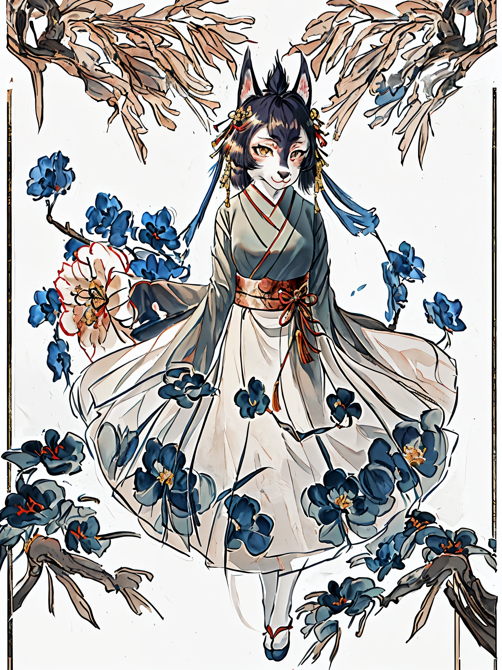 top quality, High-quality illustrations, masterpiece, shuimobysim, badashanren:0.6, Shukezouma:0.5(highly detailed beautiful face and eyes)absurdres, perfect anatomy(1girl, kemono, solo focus)(furry)(furry anthro:1.7)(Furry body, dog facial features, dog body features)(very detailed body fur)full body, dynamic pose,