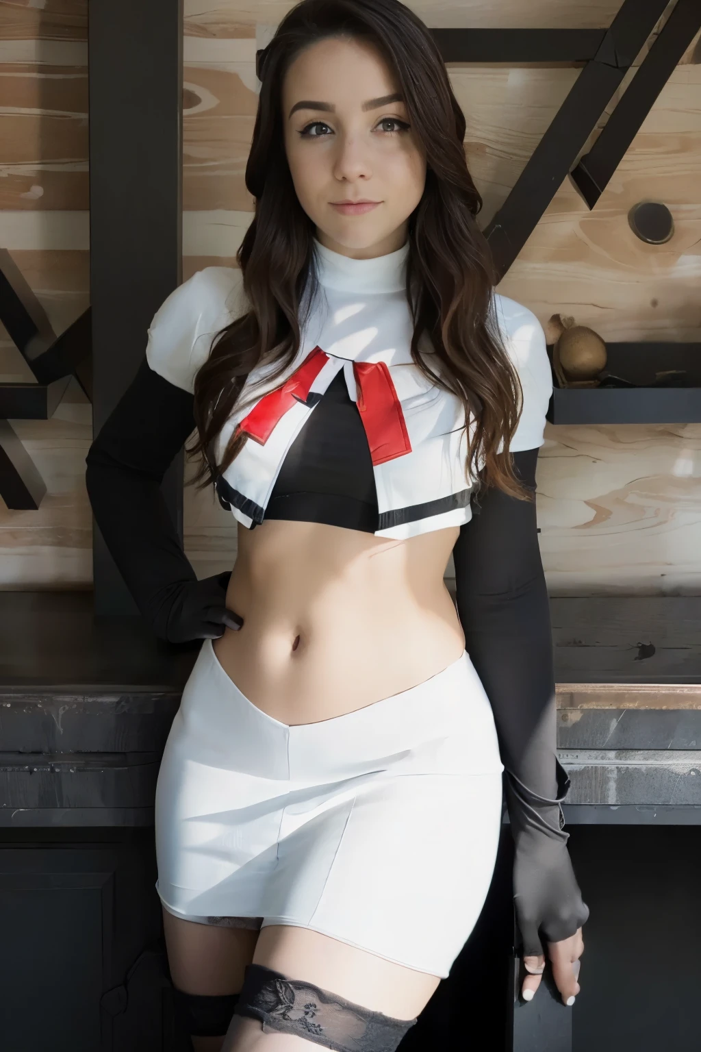 woman,missrage, (masterpiece:1.4, best quality), (intricate details), ultra detailed, hyper realistic, detailed skin, team rocket,team rocket uniform,white skirt,red letter R,crop top,black thigh-highs,black elbow gloves,