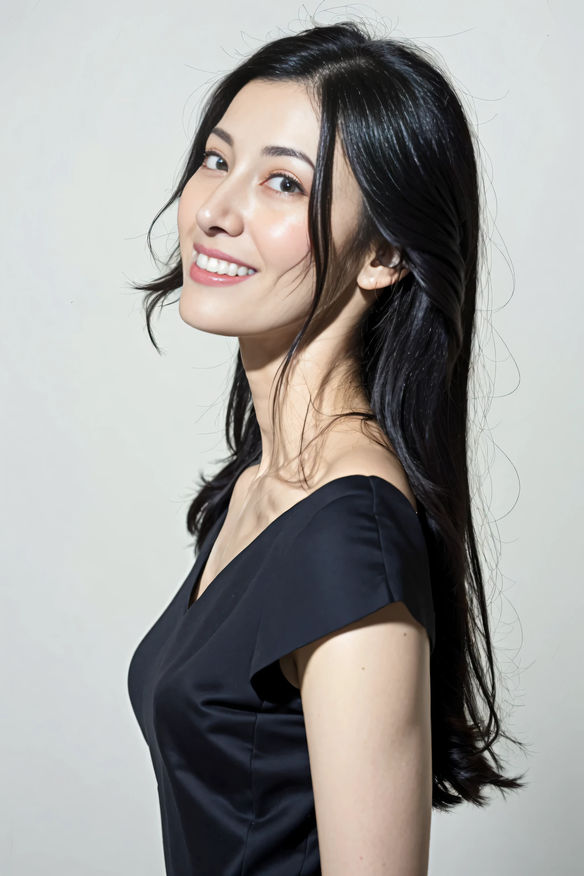 best quality, masterpiece, high resolution, 1 girl, happy and smiling, beautiful and perfect face, Cut black hair in layers, simple bodycon dress, intricate details, feels, 8k, Very detailed、big deal 、Photographed from the waist up、Expose your hands on your chest, Distract your sight、sideways、Side shot