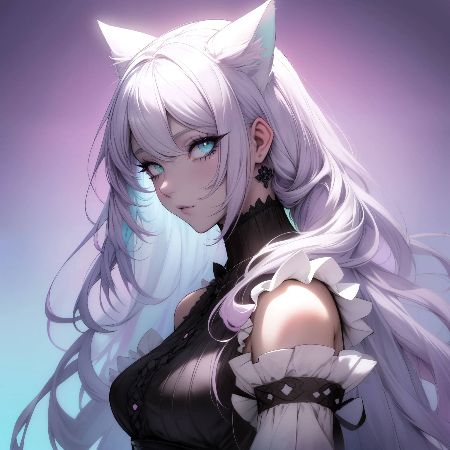 portrait of a pastel goth cat girl, side view, solo, alone, pastel colors, soft illumination, cat ears, dark makeup, unique fashion style, intricate details, gentle expression, long flowing hair, vibrant background, dreamlike atmosphere, whimsical elements, high-resolution, vivid colors, ethereal beauty.