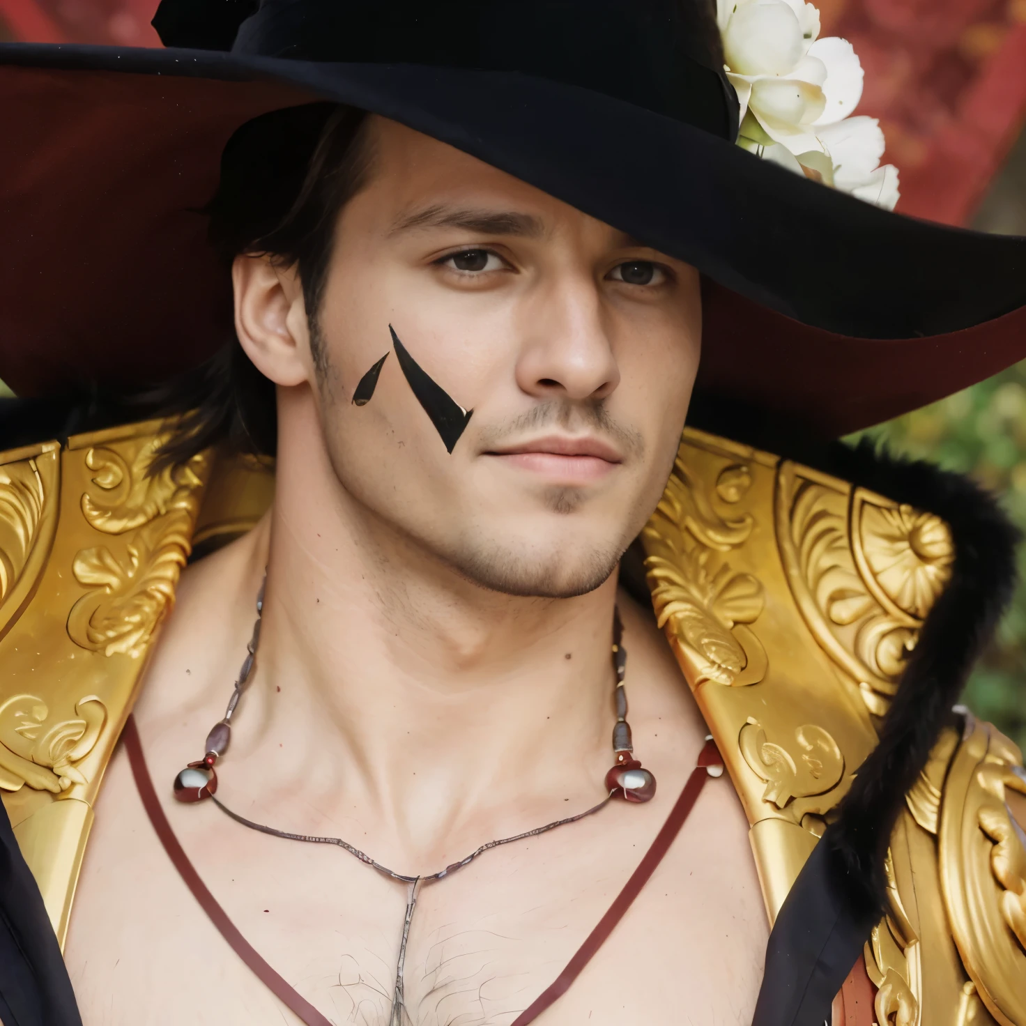 (masterpiece), (realistic), (ultra detailed), ( high reest quality), (photorealistic), (perfect face), (perfect anatomy), (((man))), (((male))), (((Spaniard))), (((30 years old))), (((muscular))), (((solo))), dracule mihawk from one piece, dracule mihawk,