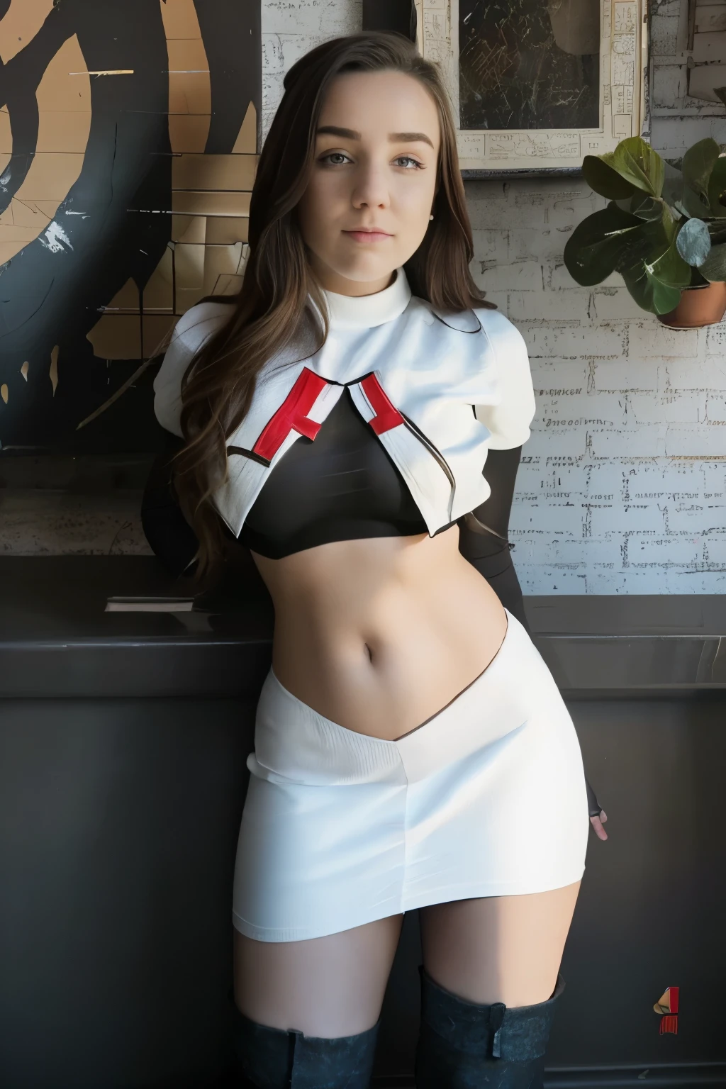 woman,missrage, (masterpiece:1.4, best quality), (intricate details), ultra detailed, hyper realistic, detailed skin, team rocket,team rocket uniform,white skirt,red letter R,crop top,black thigh-highs,black elbow gloves,