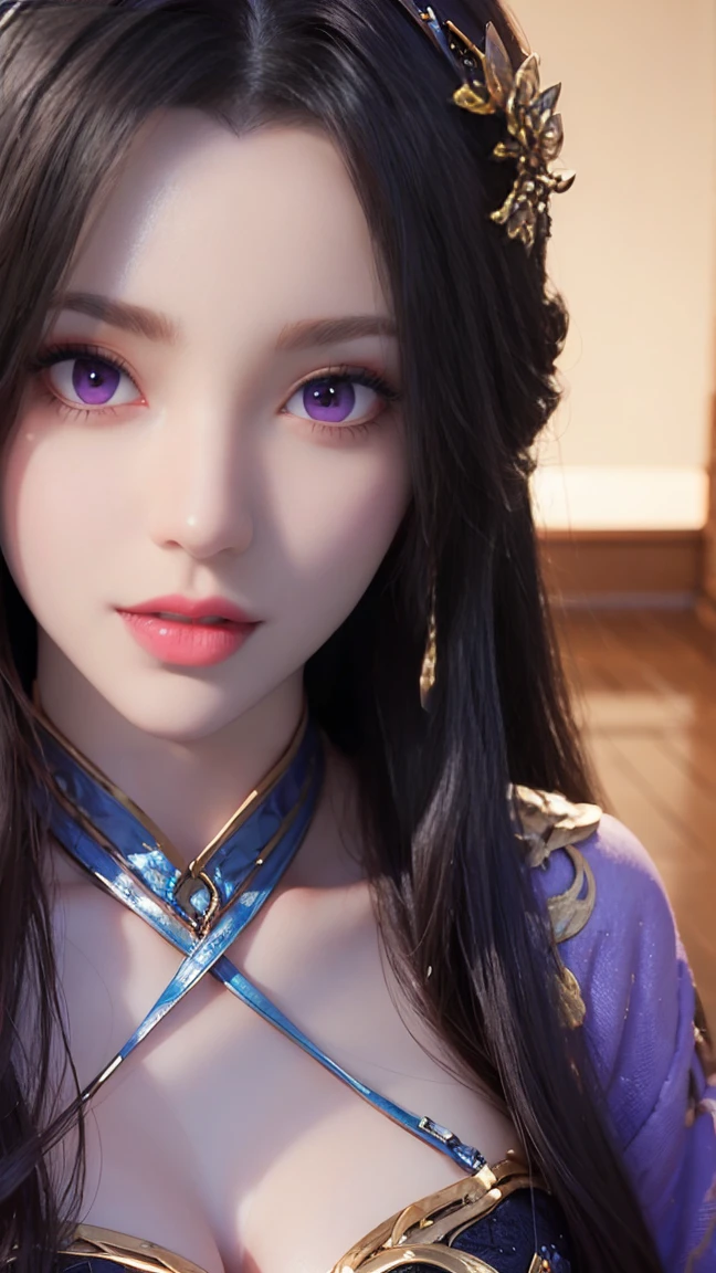 a female anime girl is standing on a hardwood floor, in the style of light violet and dark gold, porcelain, hyper-realistic portraits, celestialpunk, he jiaying, heistcore, close up 