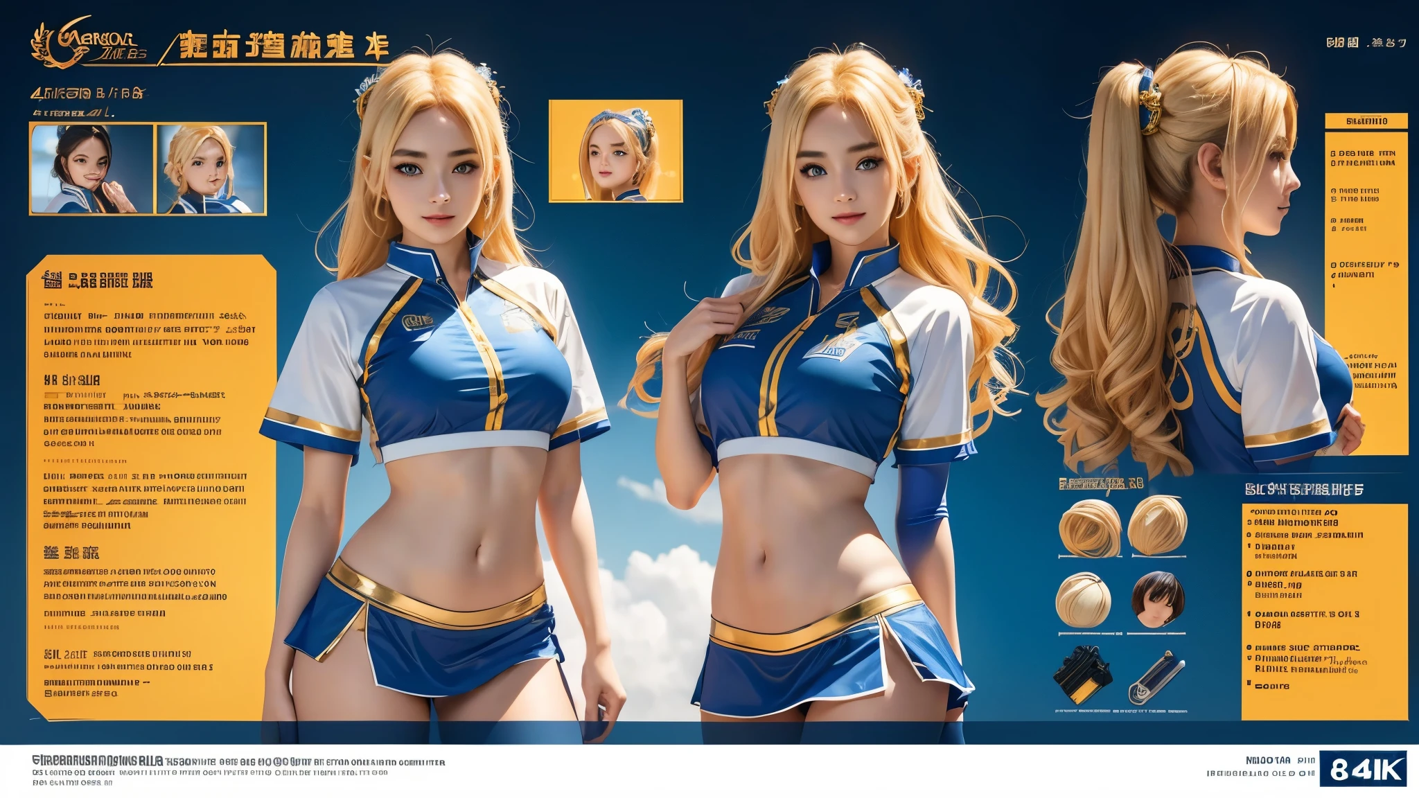 (best quality,4k,8k,highres,masterpiece:1.2),ultra-detailed, 1girl, Greek Goddess Aphrodite as a college student, yangmi, wearing a blue cheerleader uniform with gold accents, blond hair, blue eyes, chearful smile on her face, HDR, 8k, absurdres, cinestill 800, sharp focus ((Masterpiece, best quality) detailed, character sheet, many items (+ detailed item description, many parts), + character description, full of details.) concept-art, reference sheet