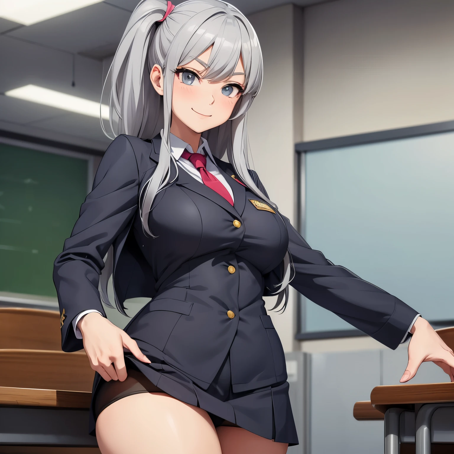 Anime image of a gray-haired girl in a very tight schoolgirl uniform standing in a classroom with an arrogant and smug look in her eyes while smiling