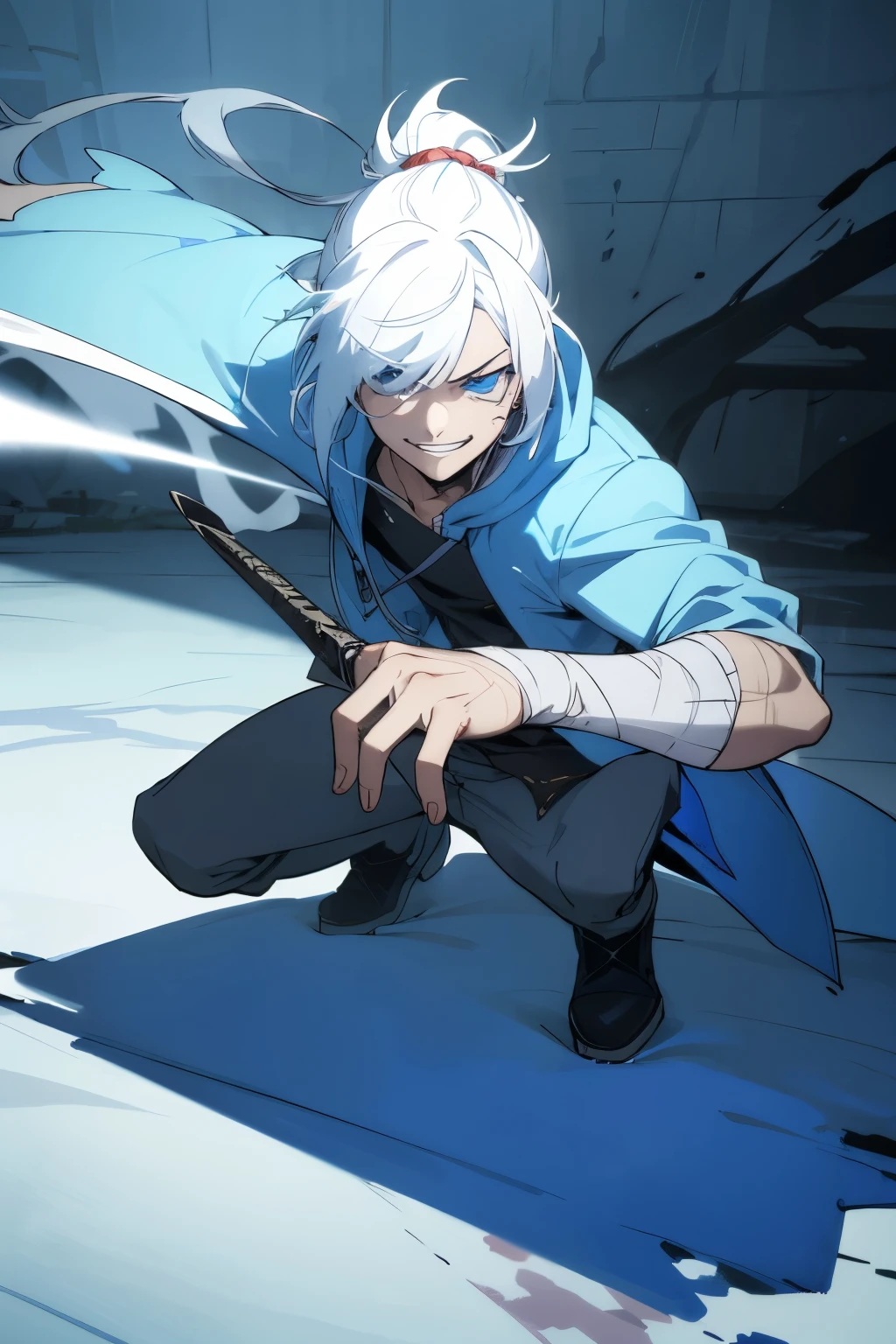 boy, white hair tied in a ponytail, reflective blue eyes, holding a dagger, q shaped dagger, bloodied clothes, battle grin, modern clothing, hoodie, wounded,