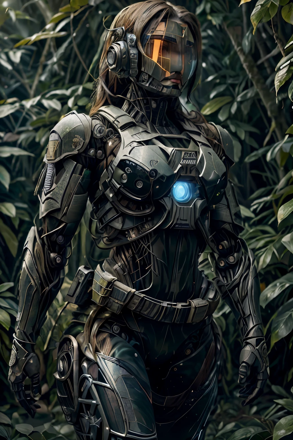 (In the jungle: 1.32), rain poured down in torrents, Ultra-detailed image, beautiful lighting casting eerie shadows, high quality render, 8k resolution,
(Predator: 1.1), MIT technology, advanced weaponry: 1.23, (black robot-suit: 1.3), sleek and menacing,
1 girl, fierce and determination etched on her face, (cowgirl position: 1.2), ready for action,
(bulletproof vest: 1.22), fitted to her body, (tactical military visor: 1.21), night vision enhancing her perception,
(