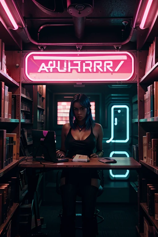 Library Set in Cyberpunk theme neon lit environment