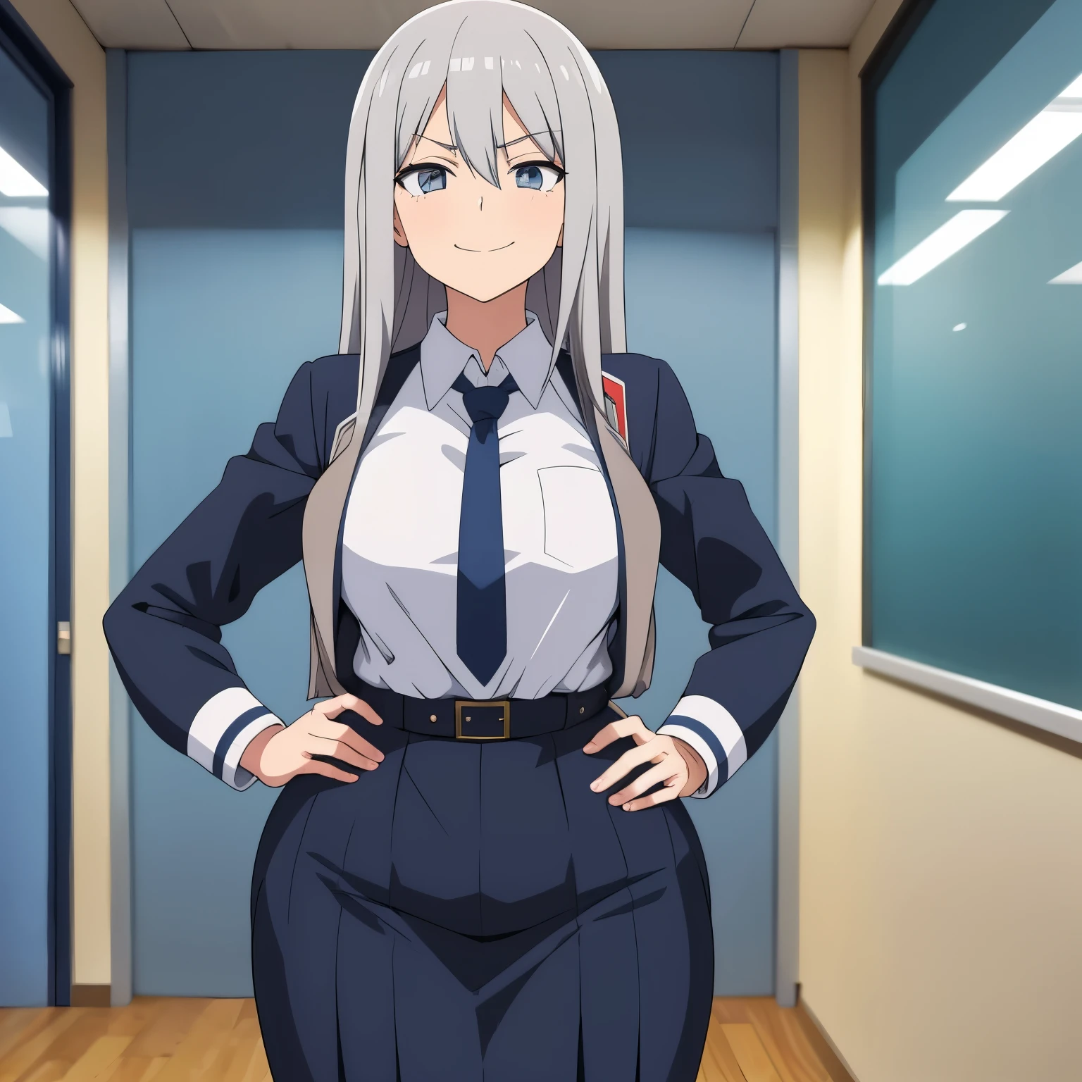Anime image of a gray-haired girl in a very tight schoolgirl uniform standing in a classroom with an arrogant and smug look in her eyes while smiling