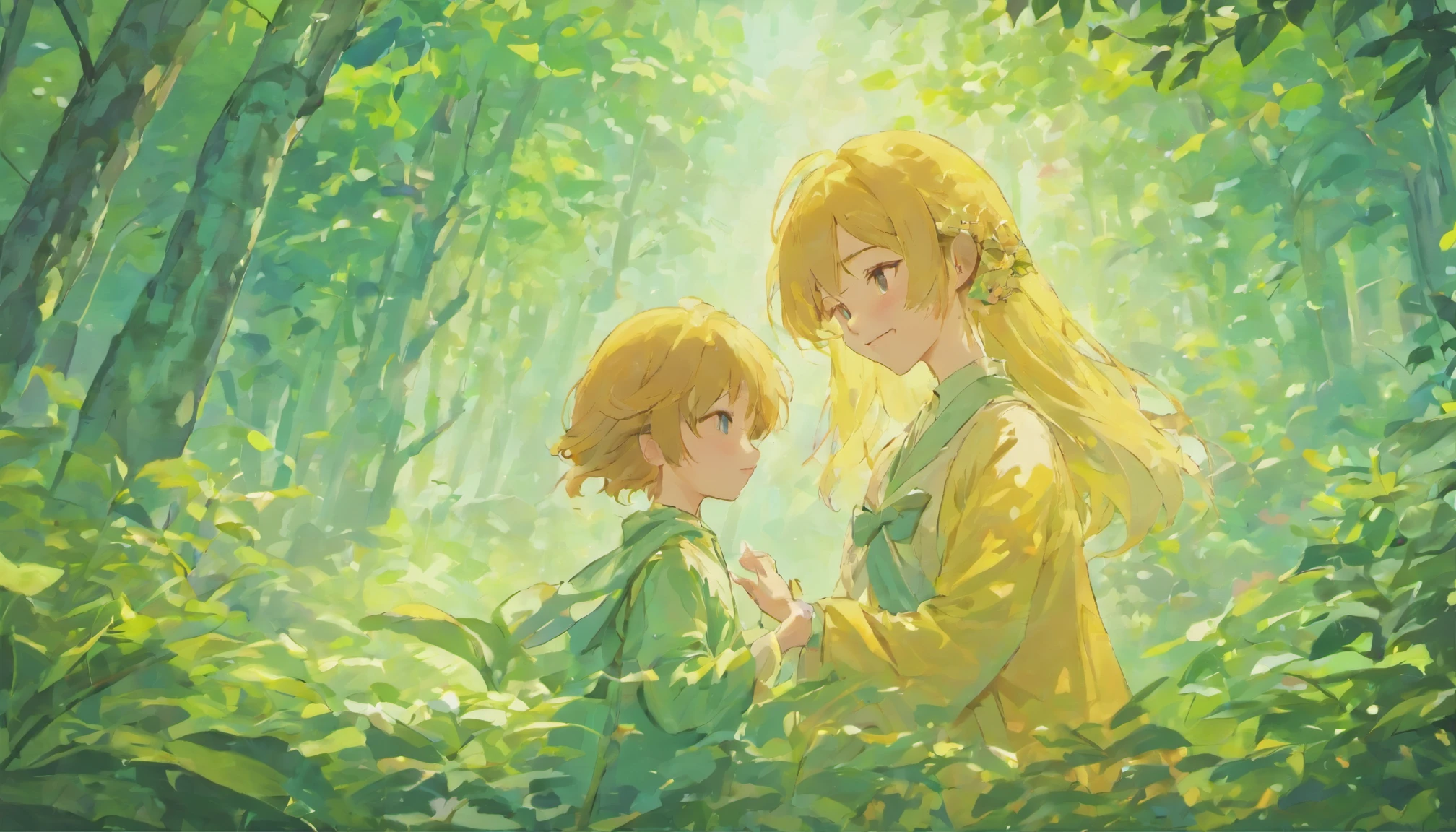 Mother and child with a gentle smile(boy)Gently put transparent feathers on the back of、A world of pale sunlight filtering through the leaves where life is born、No text、Illustration only、fantasy、Japanese style super high quality animation movie、anime manga style illustration、Xin Haicheng