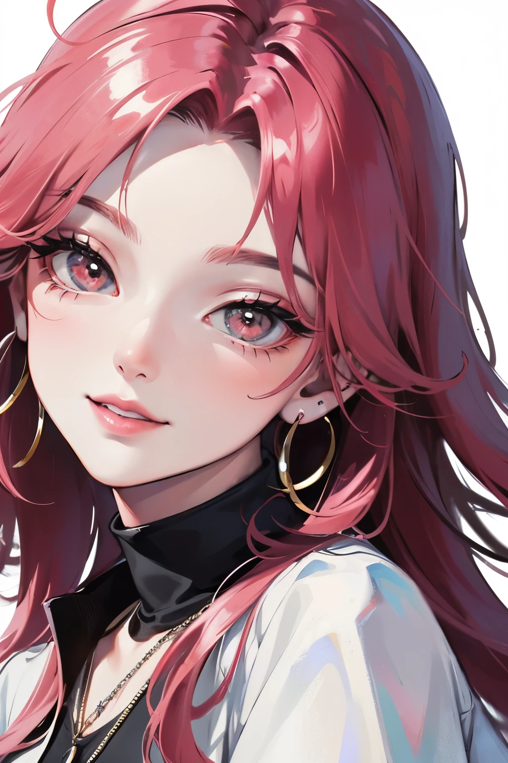 ((最高品質)), ((傑作)), (詳しい), 完璧な顔female, woman, hopeful, smiling, looking at viewer, long hair, wave hair, black hair, red eyes, eyes open, big eyes, pale skin, fair skin, shiny skin, detailed skin, detailed face, tall, slim, t-shirt, piercing, necklace, delicate facial features, 20-year-old, white background, beautiful, light atmosphere, headshot, from front, high brightness colors, highly saturated colors, beautiful, high quality, photorealistic, anime, 3D render, main artwork, voluptuous,ultra detailed, beautiful, woman, happy, blissful, hopeful, intelligent, smiling, looking at viewer, looking ahead, front view, long hair, wavy hair, shiny hair, black hair, pink hair, red eyes, purple eyes, eyes open, big eyes, wide-eyed, pale skin, fair skin, shiny skin, detailed face, detailed skin, pale skin, slim, slender, voluptuous, piercing, earrings, delicate facial features, japanese idol, 20-year-old, young adult, teenager, adult, white background, gray background, flat background, beautiful, cute, light atmosphere, anime, main artwork, icon, soft-edged, 2000s, headshot, from front, front view, full.face, dark red eye