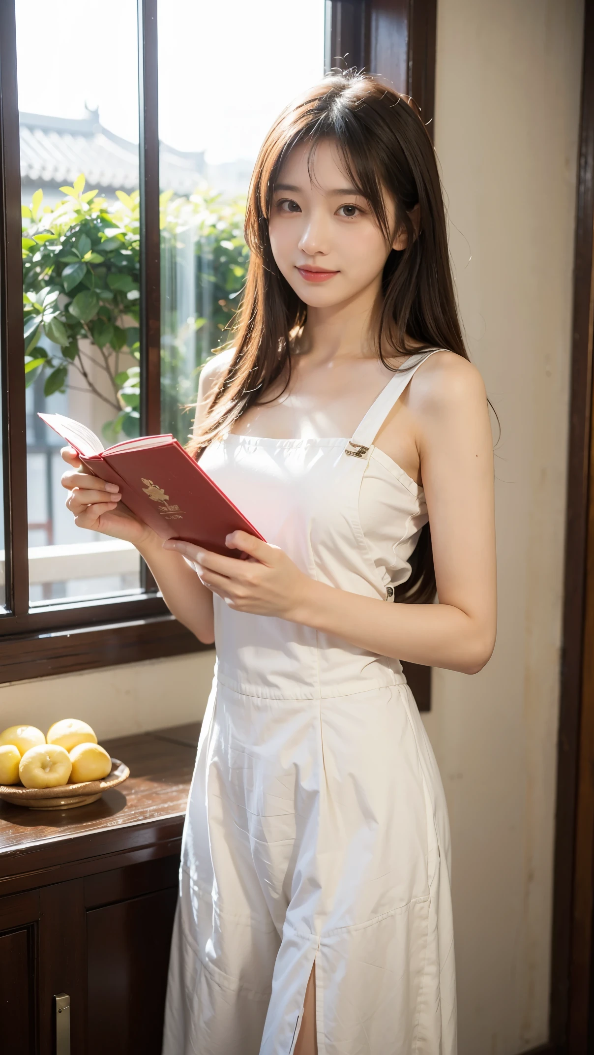 lifelike, 45mm, Super detailed, natural skin texture, Surrealism, There is a lovely woman、light brown hair、thin:1.3、small:1.3、Chinese clothing、seduct smile，This pose is so cute and beautiful、 The background is a traditional room，Surrounded by warm and inviting colors。(flower)，房间采用柔and的照明，Creates a romantic atmosphere。家具and织物的暖色调and纹理为场景增添了一丝舒适感。Overall image quality reaches the highest standards，强调超细节渲染and照片级真实感效果。Vibrant colors，灯光柔and而动态，增强了场景的深度and维度。[lifelike照明]、[vivid colors]and[柔and的阴影]Contributes to overall visual appeal。场景的构图and取景都是精心制作的，这是一部以最大的现实主义and艺术技巧描绘and浪漫本质的杰作。