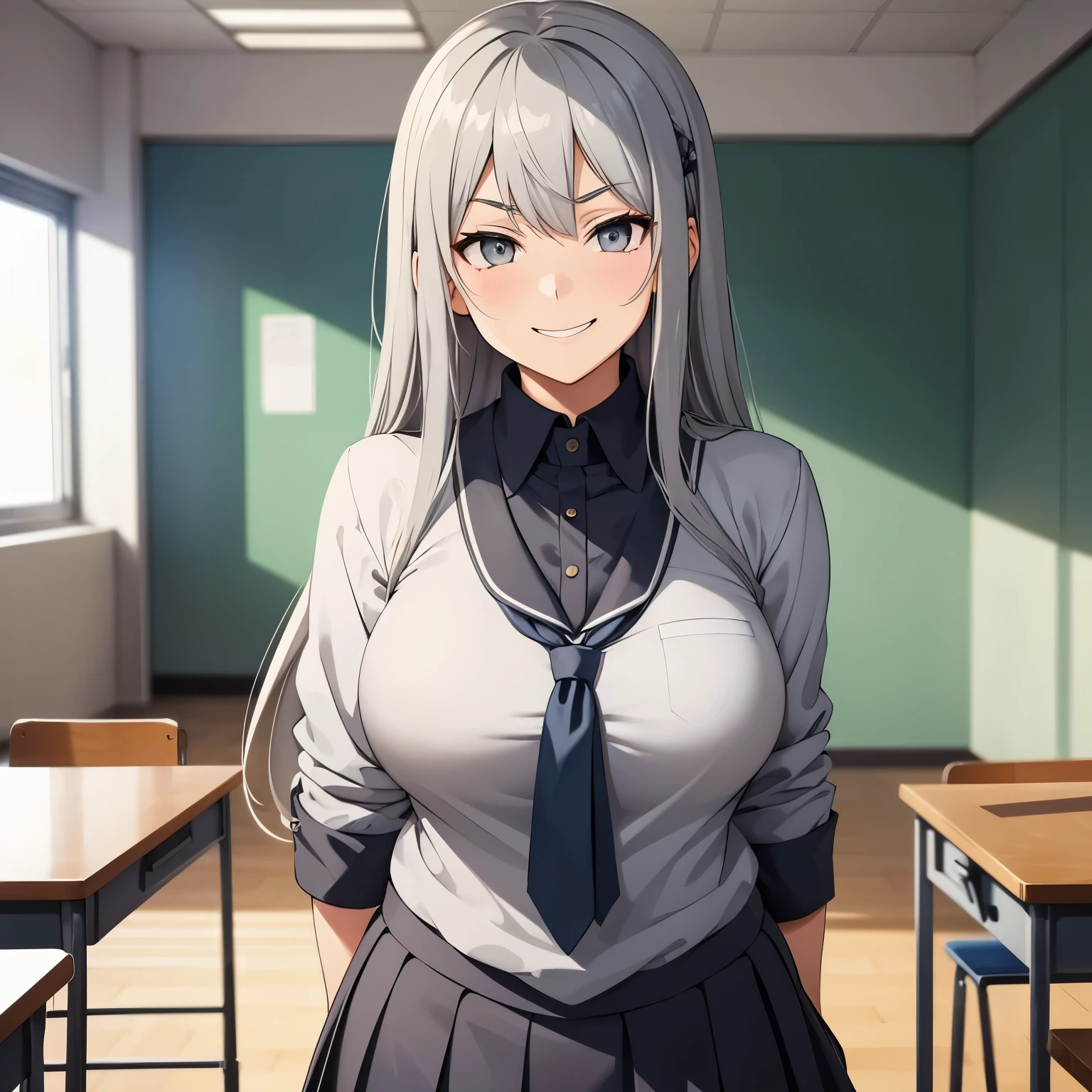 Anime image of a gray-haired girl in a very tight schoolgirl uniform standing in a classroom with an arrogant and smug look in her eyes while smiling