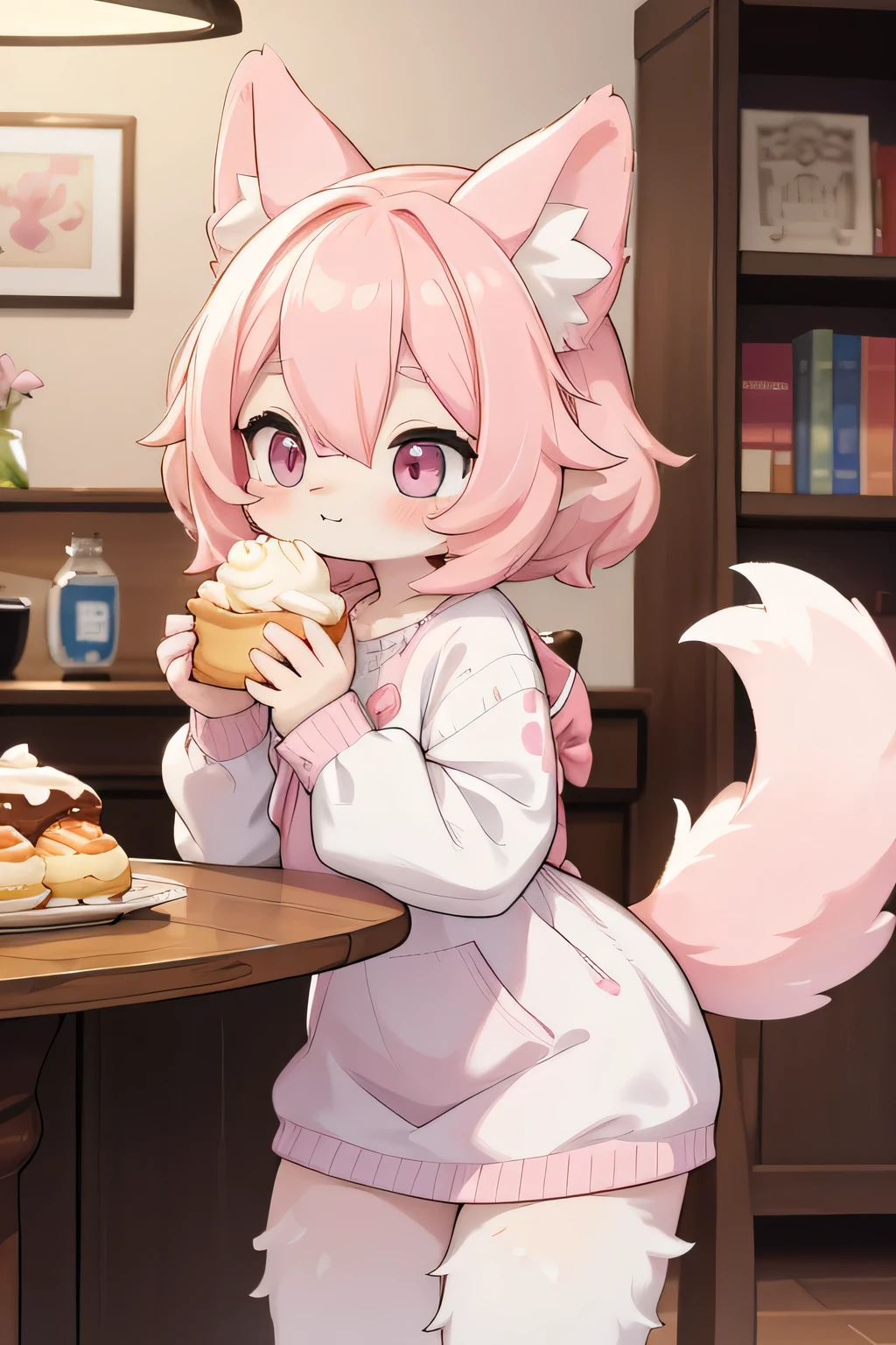 pink hair,Eat cream puffs,big tail,Ears drooping,hairy