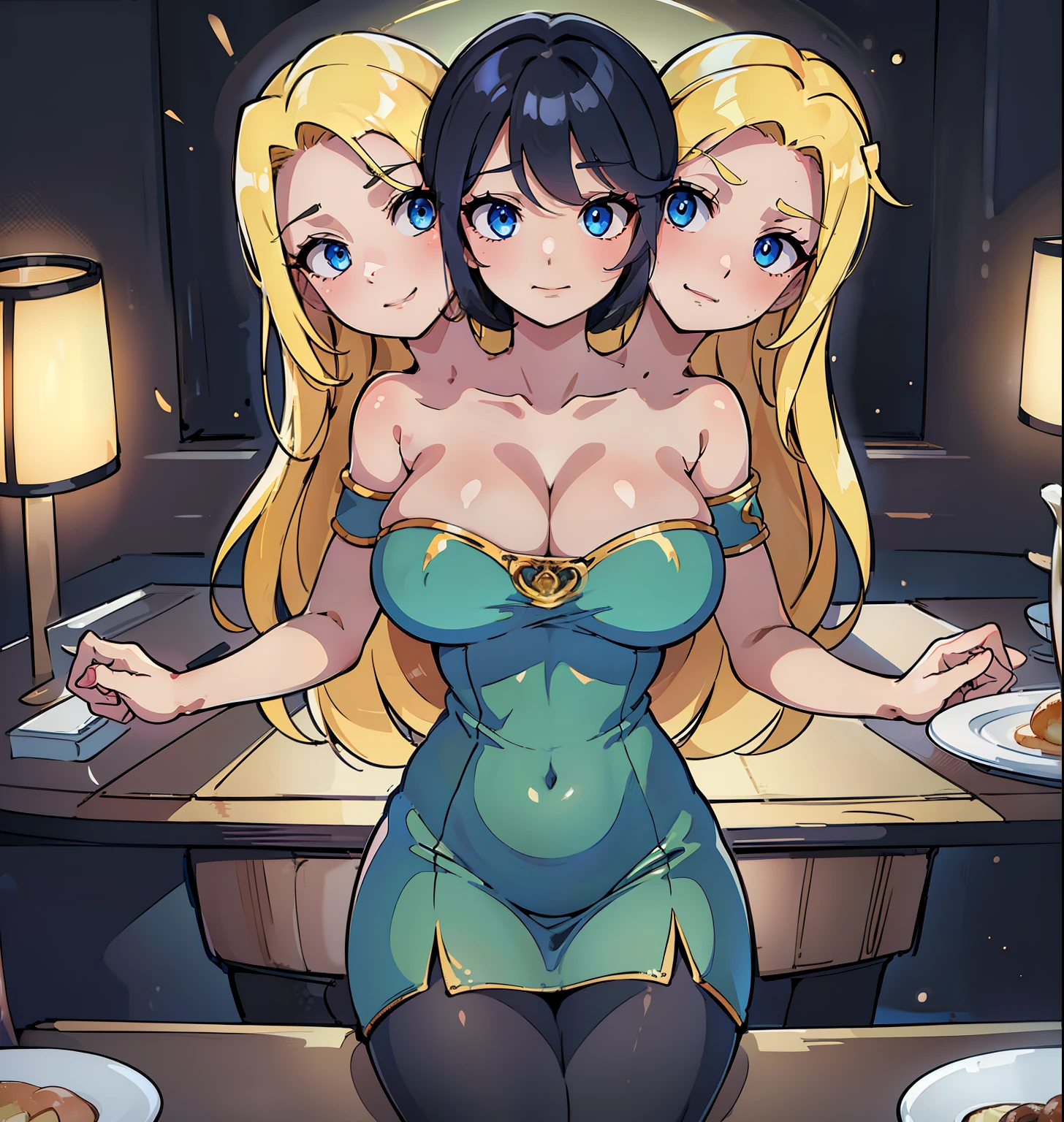 best quality, (masterpiece),(ultra-detailed), (high quality), (high resolution), (3heads:1.5) blonde hair, black hair, glowing blue eyes, three headed woman ((three breasts)), cleavage, ,best quality:1.5, highres, UHD, 4K),, ((crop t shirt)), ((wearing dress pants)), sexy proportions,, thighs, Beautiful girl with accentuated slender abs, seductive expression