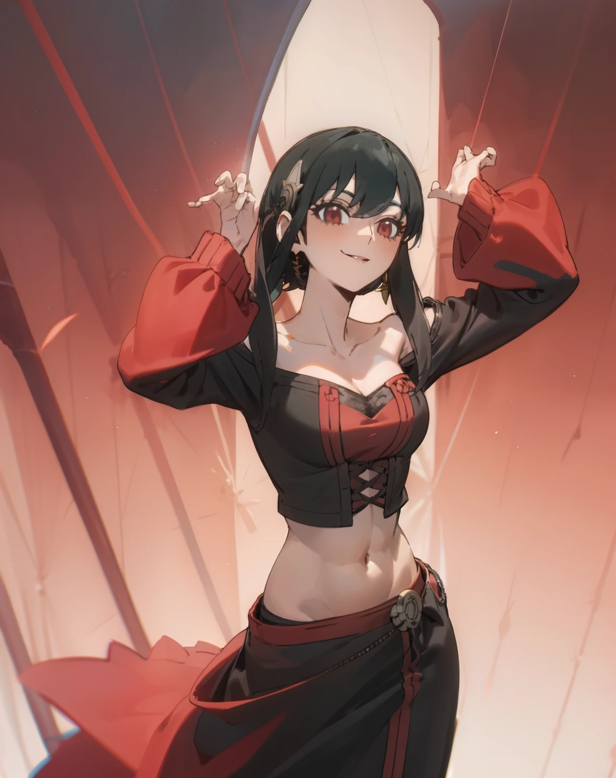 yor briar, smile, off shoulder, black clothes, hands up, side boobs, cleavage, navel, black haor, hair ornament