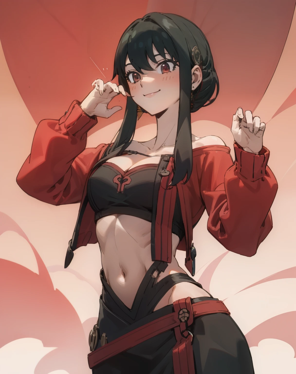 yor briar, smile, off shoulder, black clothes, hands up, side , cleavage, navel, black haor, hair ornament