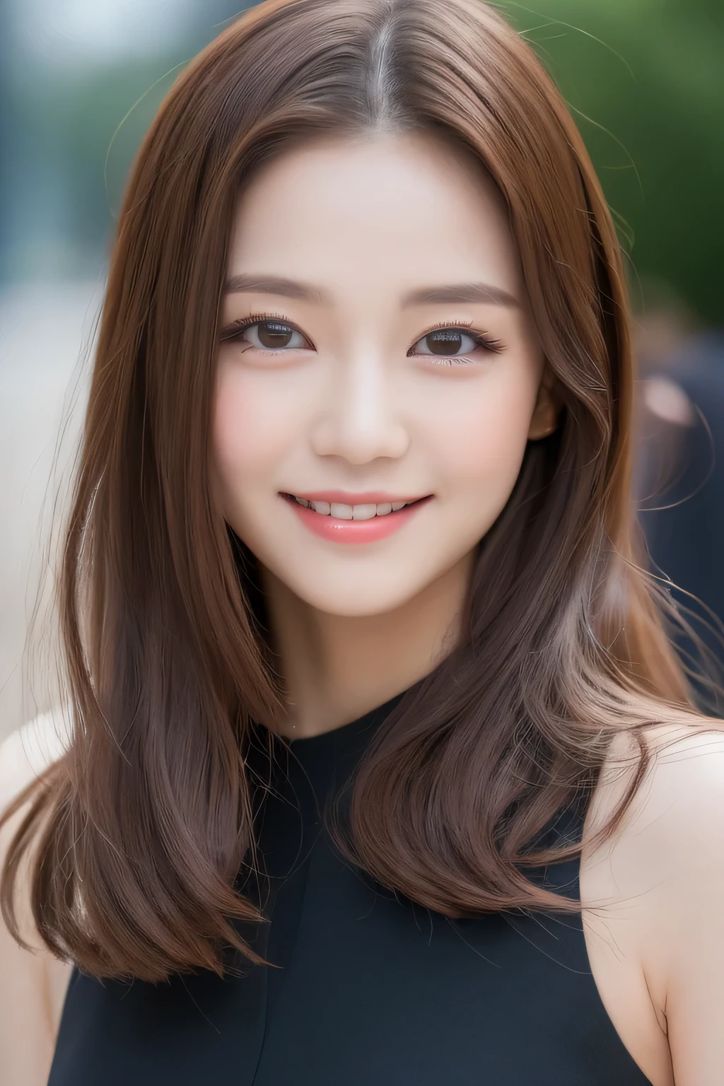((highest quality, 8K, masterpiece :1.3)), 1 girl, smile, whole body, slim face, Beautiful woman, (dark brown hair), full length dress :1.1, super detailed face, fine eyes, double eyelid, blur background, slim face, city, outside, street,