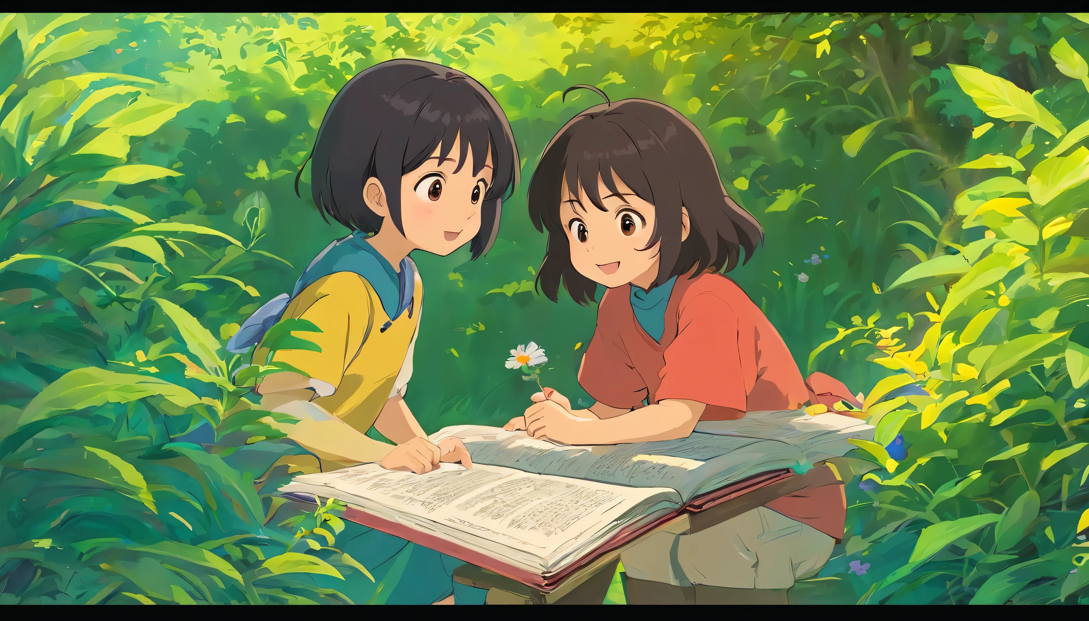sunny,garden,painting的Two friends,Lovely,拿着Board,Graffiti,color,眼神Lovely,painting,A boy and a girl,Two littleds,black hair,joyful expressions,summer,holding books,Books surround,The scenery is breathtakingly beautiful,Board,,Graffiti