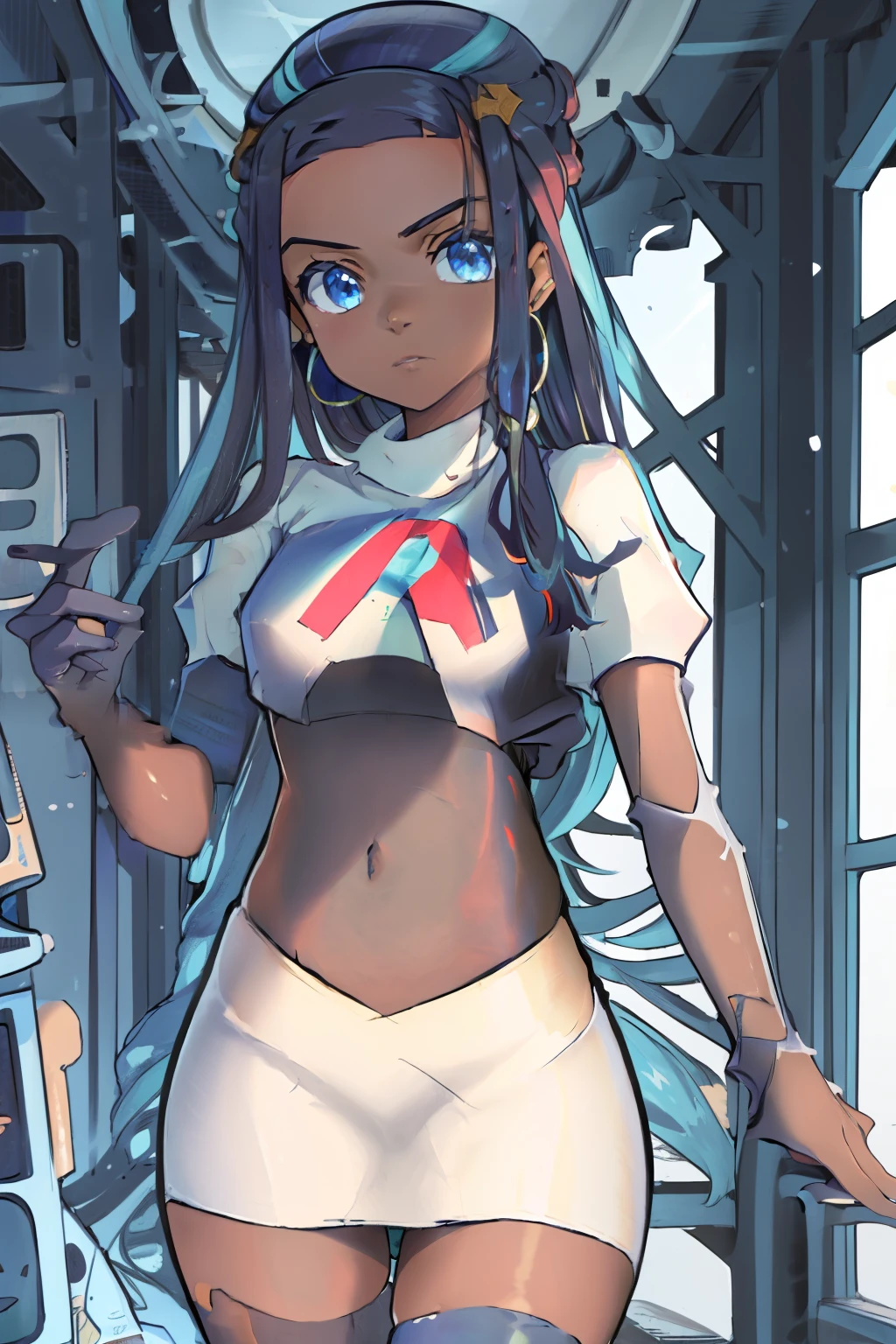 ((masterpiece,best quality)),  absurdres,
Nessa_Pokemon, 
1girl, solo, dark skin, blue eyes, black hair, blue hair, two-tone hair, earrings, 
solo, looking at viewer, cowboy shot, 
cinematic composition, team rocket,team rocket uniform,white skirt,red letter R,crop top,black thigh-highs,black elbow gloves,,