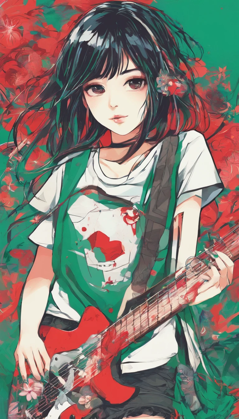 , a young asian girl of 18 years , ojos rasgados, Small eyebrows, pelo largo rubio palido con mechas verdes, , usando una camiseta roja con una calavera y un shorts de mezclilla, tocando la guitarra