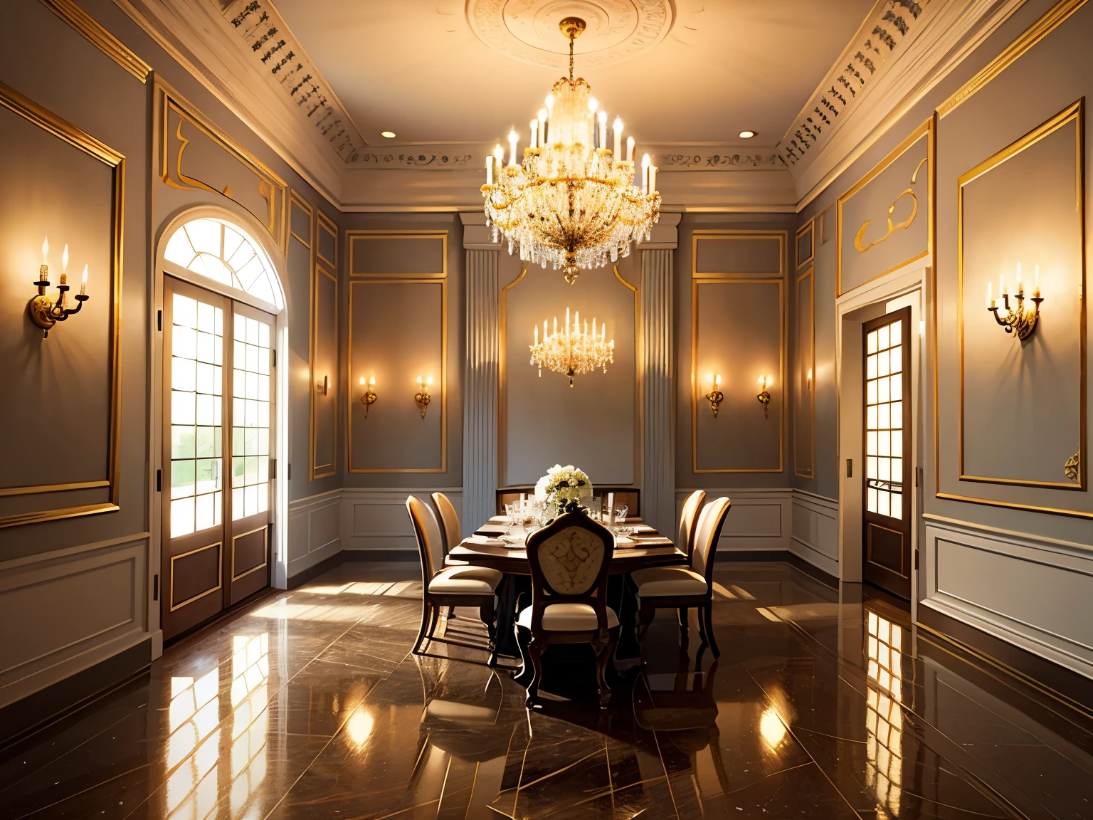 The interior of the villa is an exquisite symphony of elegance and modernity, where every detail is meticulously crafted to enchant the senses. The walls are adorned with intricate mosaic tiles in soothing pastel hues, their refined texture complemented by the gentle play of sunlight filtering through embedded skylights. A plush tapestry of velvet and silk hangs majestically from the ceiling, casting dancing shadows on the polished marble floor.

Soft, ambient light, emanating from crystal chandeliers and warm wall sconces, bathes the room in a warm, inviting glow. Scented candles, infused