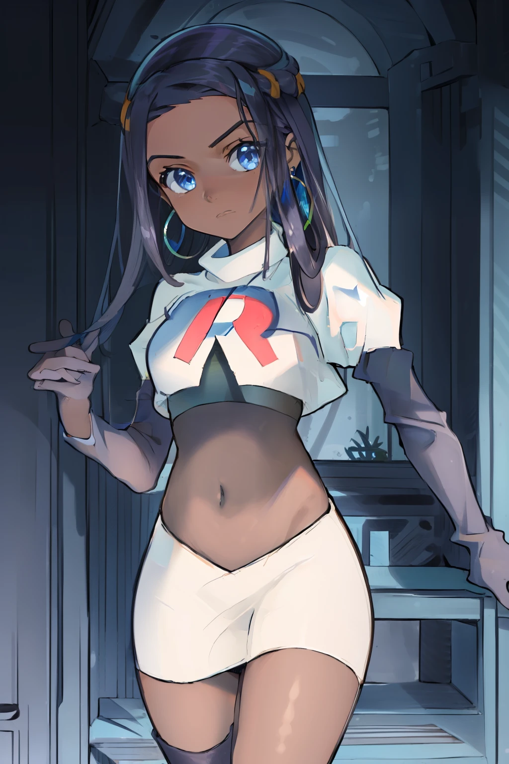 ((masterpiece,best quality)),  absurdres,
Nessa_Pokemon, 
1girl, solo, dark skin, blue eyes, black hair, blue hair, two-tone hair, earrings, 
solo, looking at viewer, cowboy shot, 
cinematic composition, team rocket,team rocket uniform,white skirt,red letter R,crop top,black thigh-highs,black elbow gloves,,