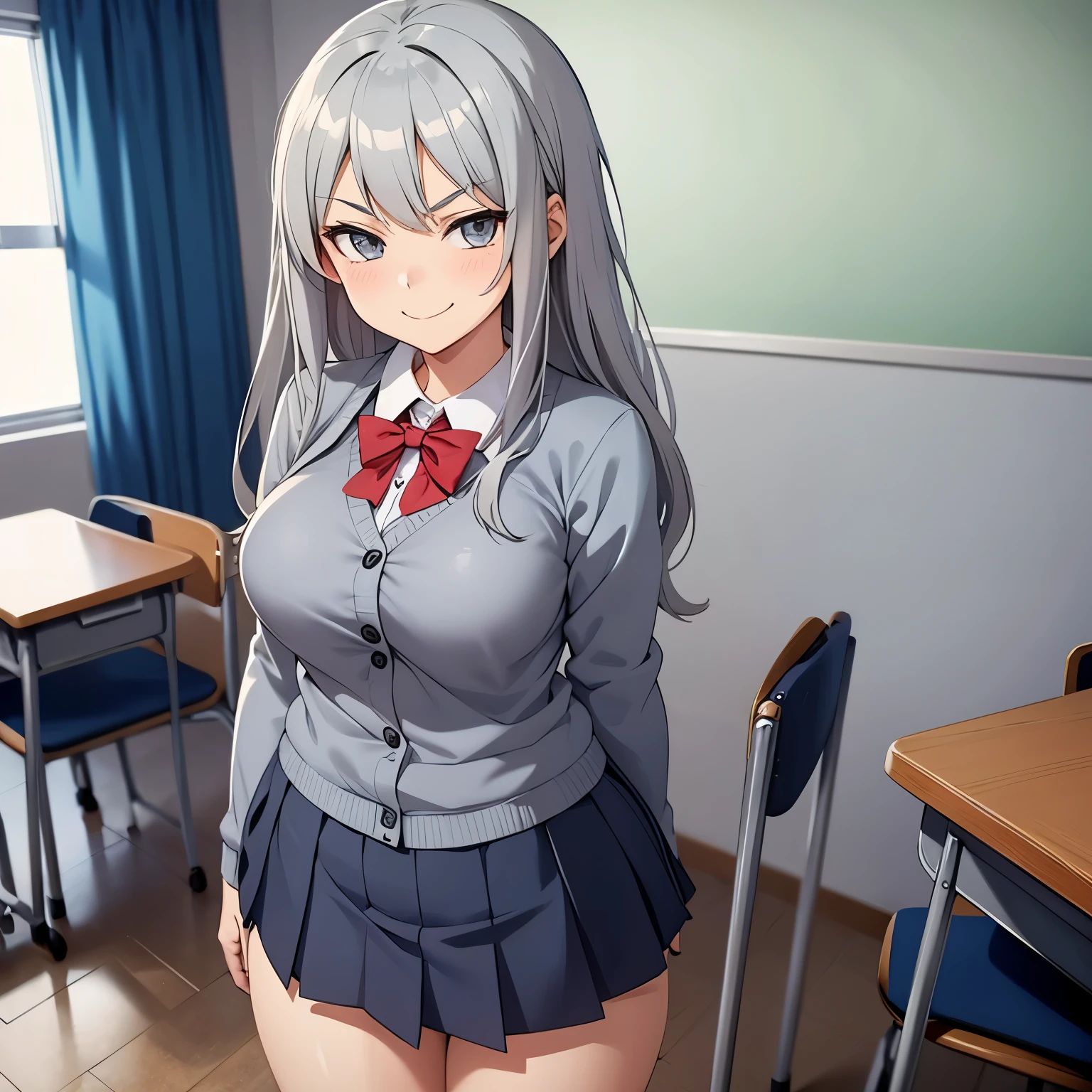 Anime image of a gray-haired girl in a very tight schoolgirl uniform standing in a classroom with an arrogant and smug look in her eyes while smiling