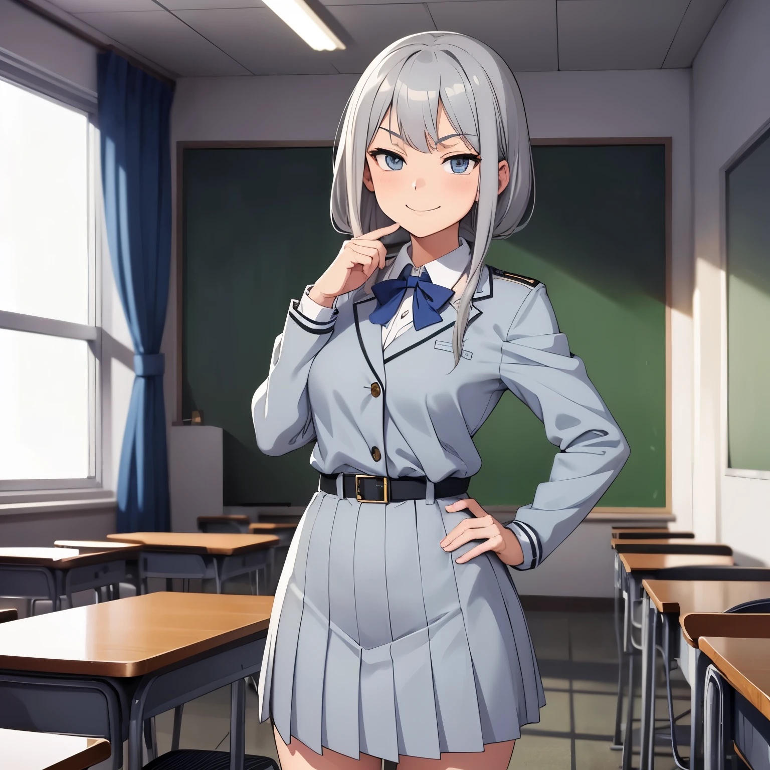 Anime image of a gray-haired girl in a very tight schoolgirl uniform standing in a classroom with an arrogant and smug look in her eyes while smiling