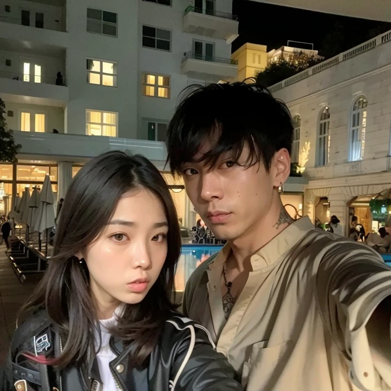 There's a man and a woman taking a selfie in front of a building, cai xukun, level, Ruan Jia e Arthur Rackham, imagem de perfil, Alessio Albi e Shin Jeongho, & Jeehyung Lee & uau, Jinyoung Shin, Ulzzang, Yanjun Chengt, ruan jia e brom, Jordan Grimmer e Natasha Tan. Homem Jungkook
