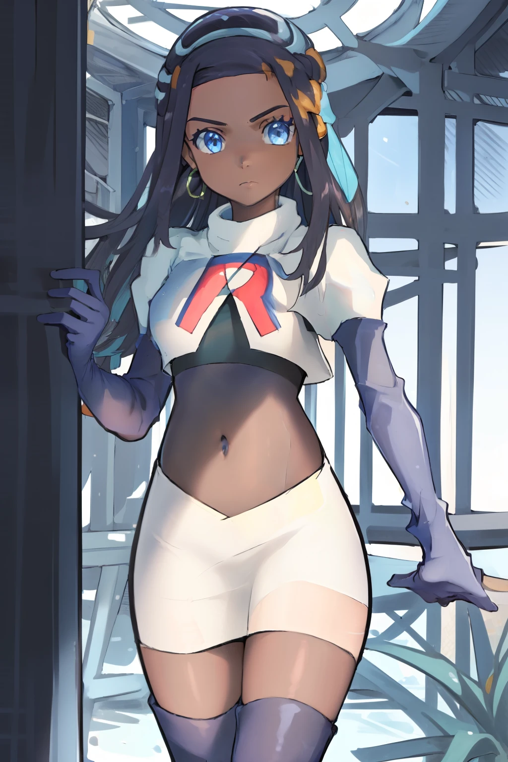 ((masterpiece,best quality)),  absurdres,
Nessa_Pokemon, 
1girl, solo, dark skin, blue eyes, black hair, blue hair, two-tone hair, earrings, 
solo, looking at viewer, cowboy shot, 
cinematic composition, team rocket,team rocket uniform,white skirt,red letter R,crop top,black thigh-highs,black elbow gloves,,