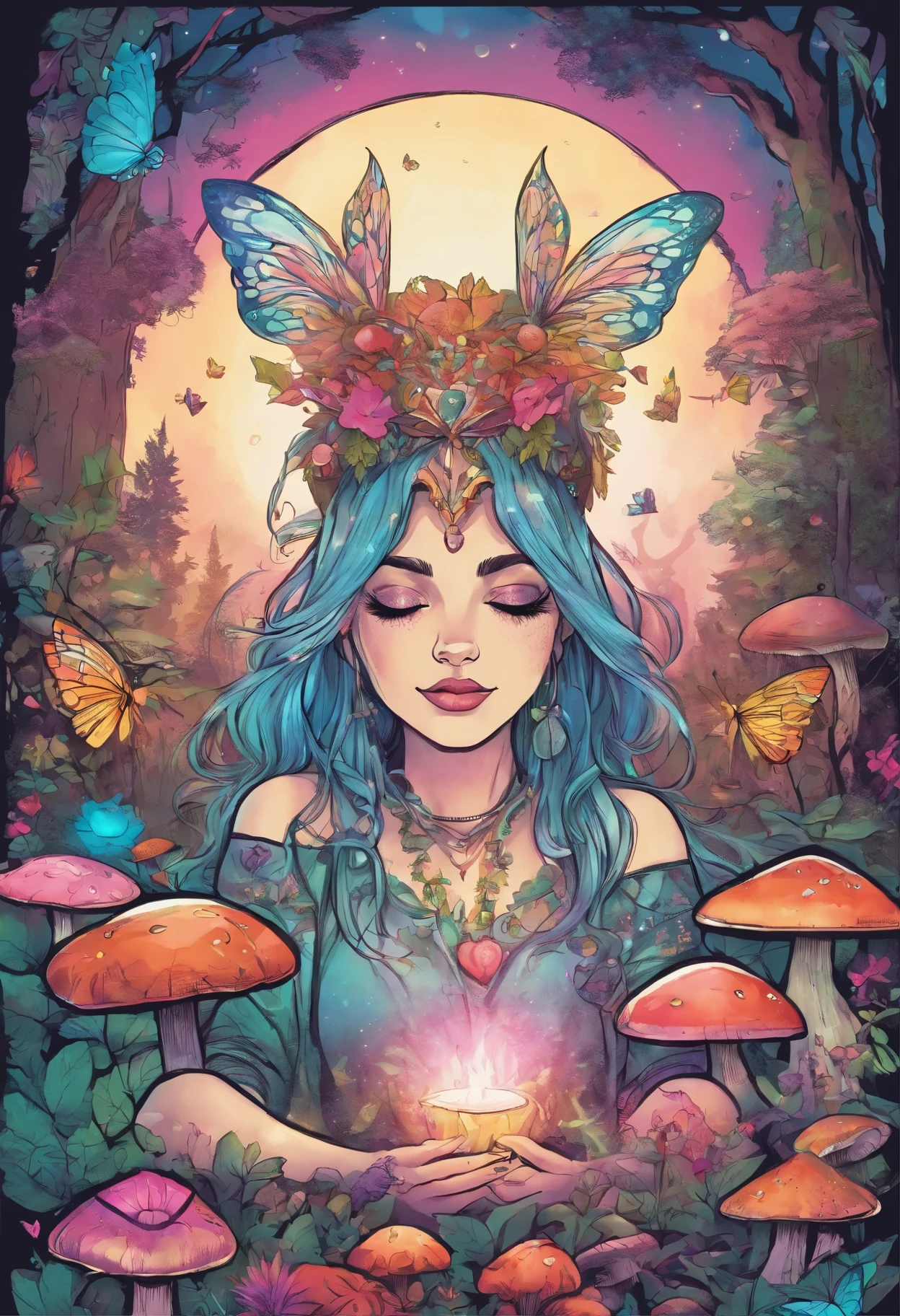 punk rock, edgy iridescent magical woodland fairy meditating in the forest with a glowing heart center surrounded by magical mushrooms, butterflies, crystals in a fairytale style with the text "Magical AF"
