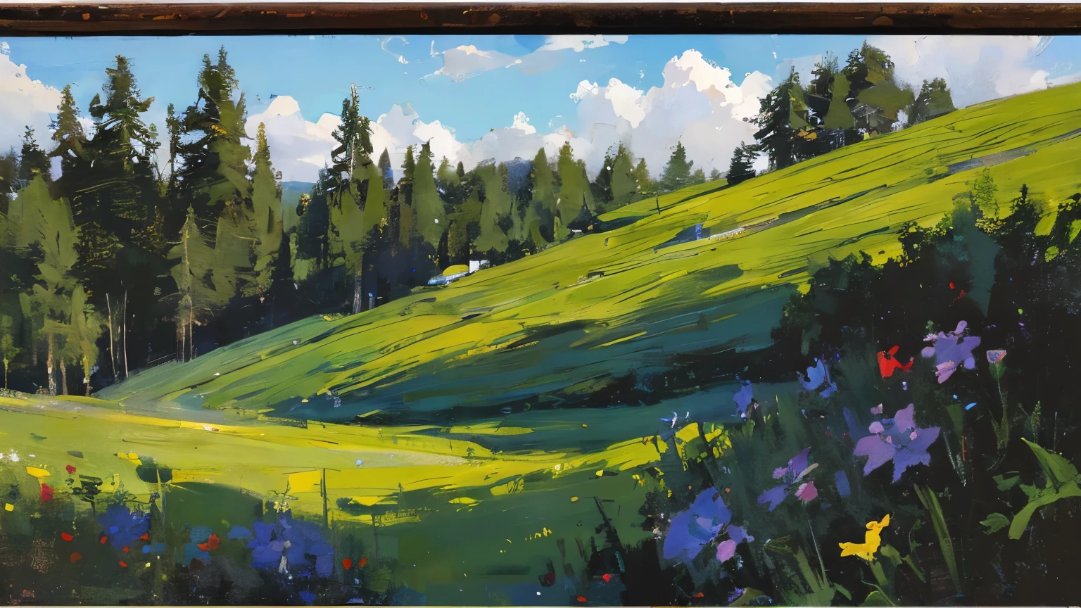 summer,Oil painting style brushstrokes,(specific flowers)(bouquet)A few small flowers, flower field,A few trees in the distance paradise, large clouds, blue sky, The weather is hot, HD details, Ultra-detailed, Normal, soft light, Deep field focus bokeh,Volumetric light