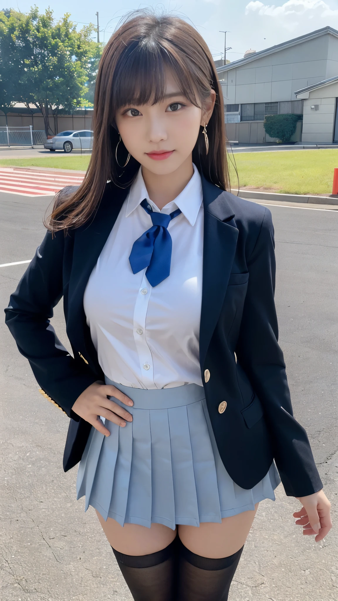 mix 4, (16K, Raw photo, best image quality, masterpiece: 1.45), (realistic, Photoreal: 1.37), one girl, cute, cityscape,, professional lighting, photon mapping, school classroom, Physically based rendering, dark brown hair,ponytail hairstyle, Beautiful well-groomed eyes、((double eyelid))、super cute girl, (((school uniform、blazer、Long-sleeved shirts worn by Japanese high school girls、ribbon tie、Navy blue super super super mini skirt,、dark blue socks、black loafers))), highest quality photos, High resolution, 1080P, (clear face), (Detailed facial description), (detailed description of hands), (masterpiece), (Detailed CG)、extreme light and shadow、messy hair、master work、Rich details、(detailed facial features)、(highest quality photos)、(Masseter muscle part)、(detailed eye)、look in front of you、thin clavicle、((slender and big))、(((Japanese high school girls wear long-sleeved shirts)))、((neat idol))、((school gate、schoolyard、School building in the background))、(Take photos from random viewpoints)、(((Anyway it's cute)))、earrings、big smile、Draw the whole body from the knees、Do not draw fine lines、(((Sports bags used by Japan schoolgirls)))、(small breasts:1.2)、small buttocks with tension、Two arms and two legs、(((from the front:0.7)))、bare hands、(((symmetrical eyes)))、standing pose、put your hands on the desk、Do not remove the tie from the jacket、