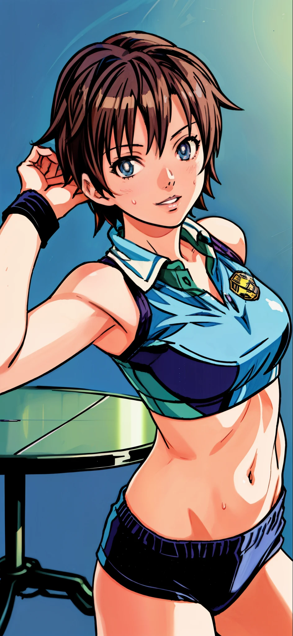 (highest quality,4K,8K,High resolution,table top:1.2), Super detailed, (realistic,photorealistic,photo-realistic:1.37),((close up of face)), (arms up),meadow girl, sweating,grin and laugh,((sports bra)), ((Wristband)),beautiful and detailed eyes, beautiful detailed lips, highly detailed eyes and face, long eyelashes, realistic anime 3D style, Smooth anime CG art, Digital rendering by Makoto Shinkai, Moe anime art style, photorealistic rendering of an anime girl, Shinkai Makoto style, Cute anime girl visuals, realistic young anime girl, girl fan art, Created by Anime Artist'studio of.