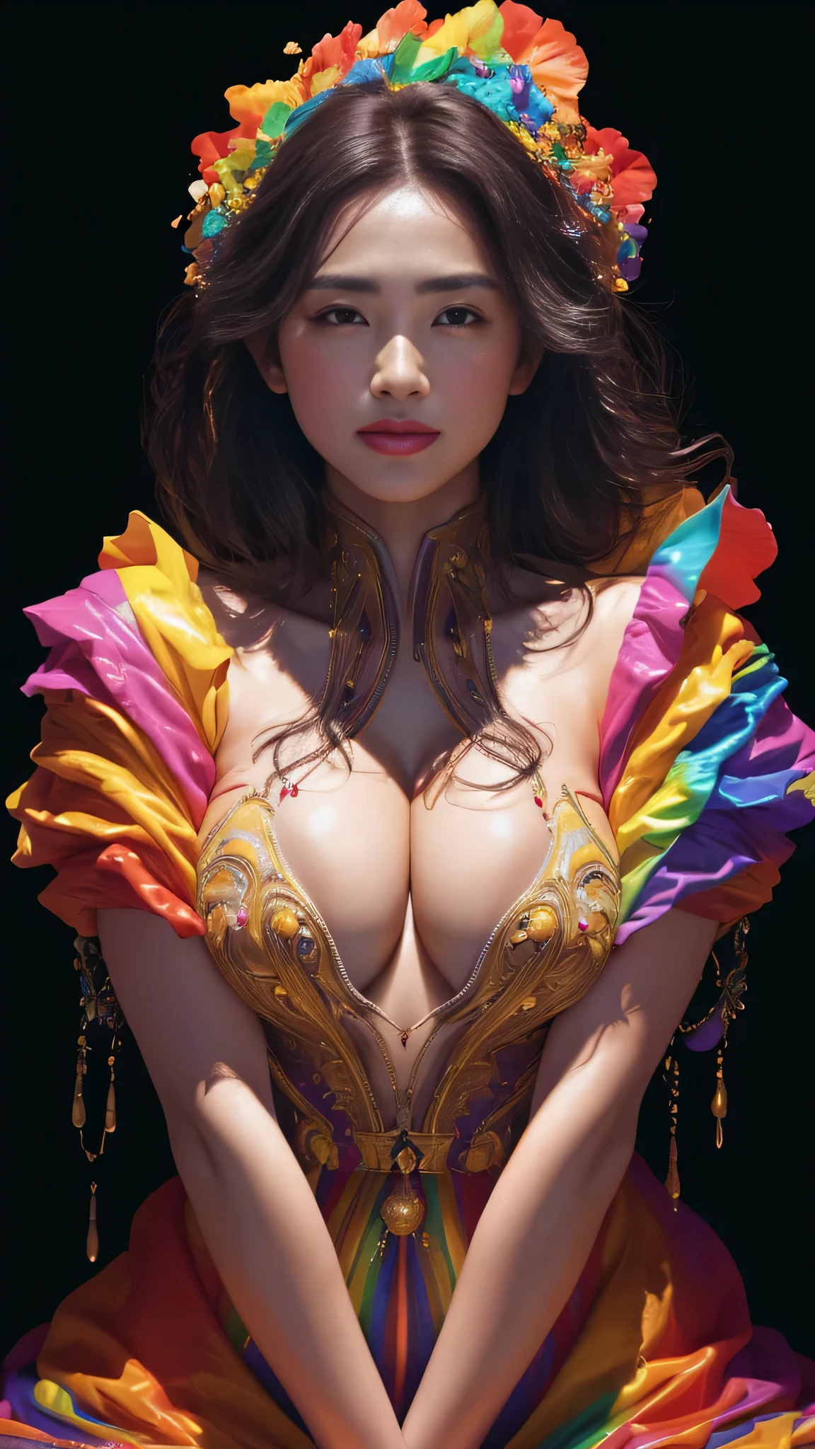 (masterpiece, top quality, super high res, very detailed, sharp focus, perfect feminine face, hourglass fog), (portrait: 1.4), shiny skin, (rainbow dress), Detailed background, (accurate anatomy body and hands), round cute face, perfect face, brown eyes, beautiful face, perfect proportions, big breasts, thin waist, navel, crotch gap, thighs, relaxed and soft Poses, kind smiles, talking to the viewer, amazing amazing details, rich colors, realistic textures, dramatic lighting, unrealistic engines, Art Station Trends, Art Station Trends, Cinestill 800 Tungsten, Pixten trends, Sakimi Chan, George Kamitani, Akira Yasuda, Alfon, Greg Gratkoski, Gil Elfgren, William Adolph Bougeleau, Greg Latkowski