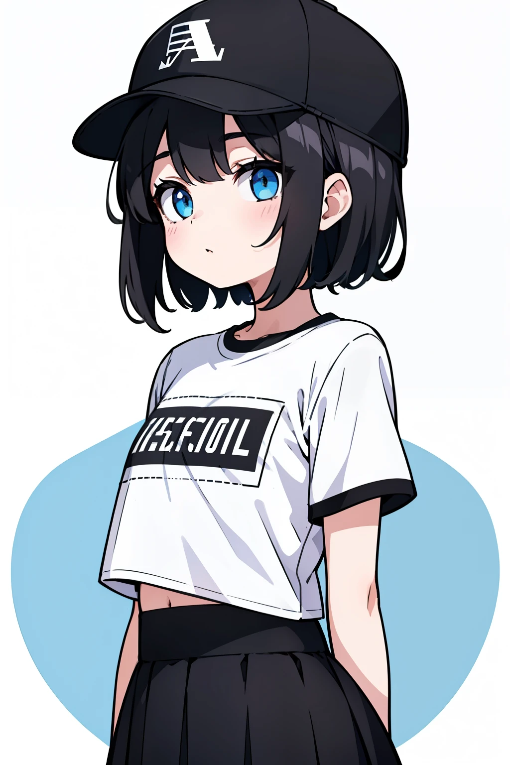 1girl, solo, blue eyes, (detailed eyes), flat chest, short hair, black hair, baseball cap, white cap, ((black t-shirt)), black skirt, black socks, standing, upper body, (white background), Transparent background, looking down, ((masterpiece, illustration, best quality))