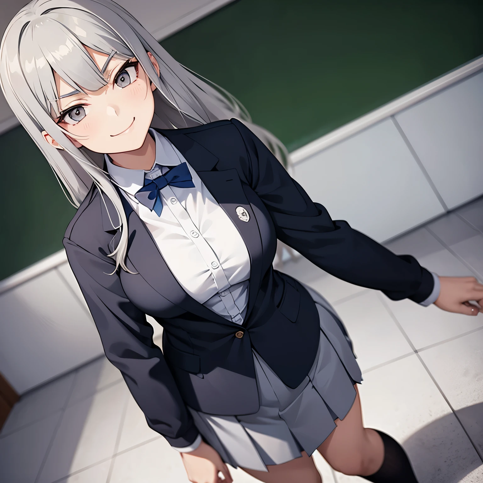 Anime image of a gray-haired girl in a very tight schoolgirl uniform standing in a classroom with an arrogant and smug look in her eyes while smiling 