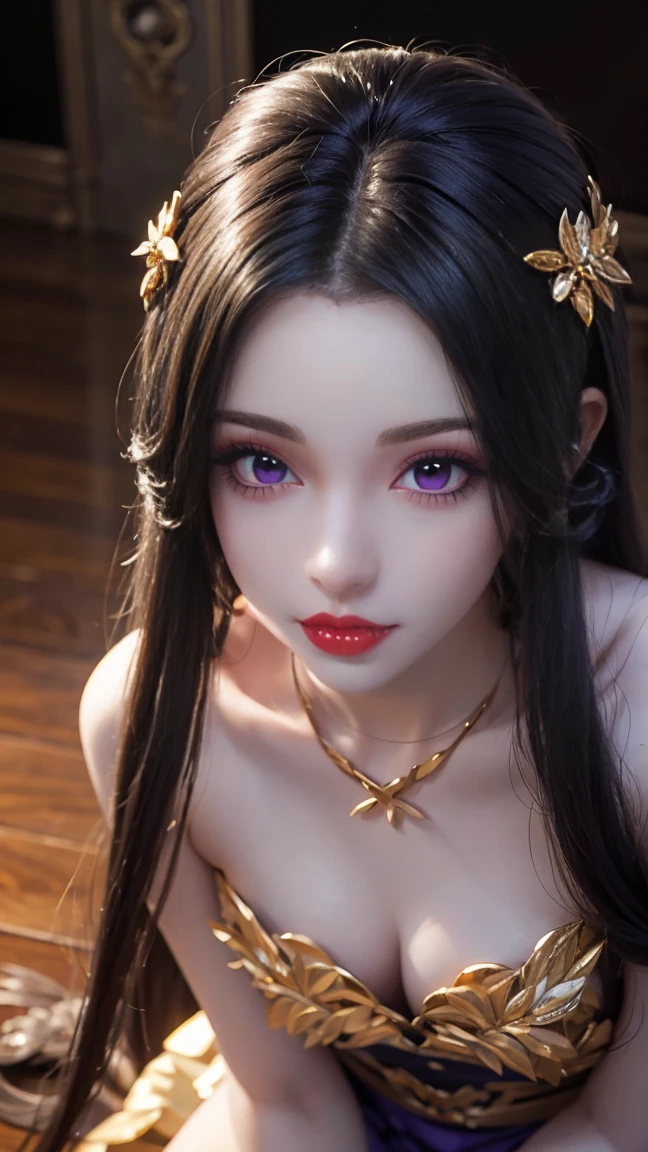 an anime girl posing on the floor is in a dress, in the style of dark purple and light gold, precise and lifelike, eerily realistic, celestialpunk, heistcore, porcelain, exaggerated facial features a female anime girl is standing on a hardwood floor, in the style of light violet and dark gold, porcelain, hyper-realistic portraits, celestialpunk, he jiaying, heistcore, close up young siren slayer  eygoddess  eygoddess, in the style of charming characters, vray tracing, unreal engine 5, light gold and purple, charming anime characters, classical portraiture, dark white and dark gray a beautiful girl sitting on a wooden platform, in the style of dark purple and light gold, anime-inspired, hyper-realistic details, celestialpunk, porcelain, heistcore, 32k uhd 