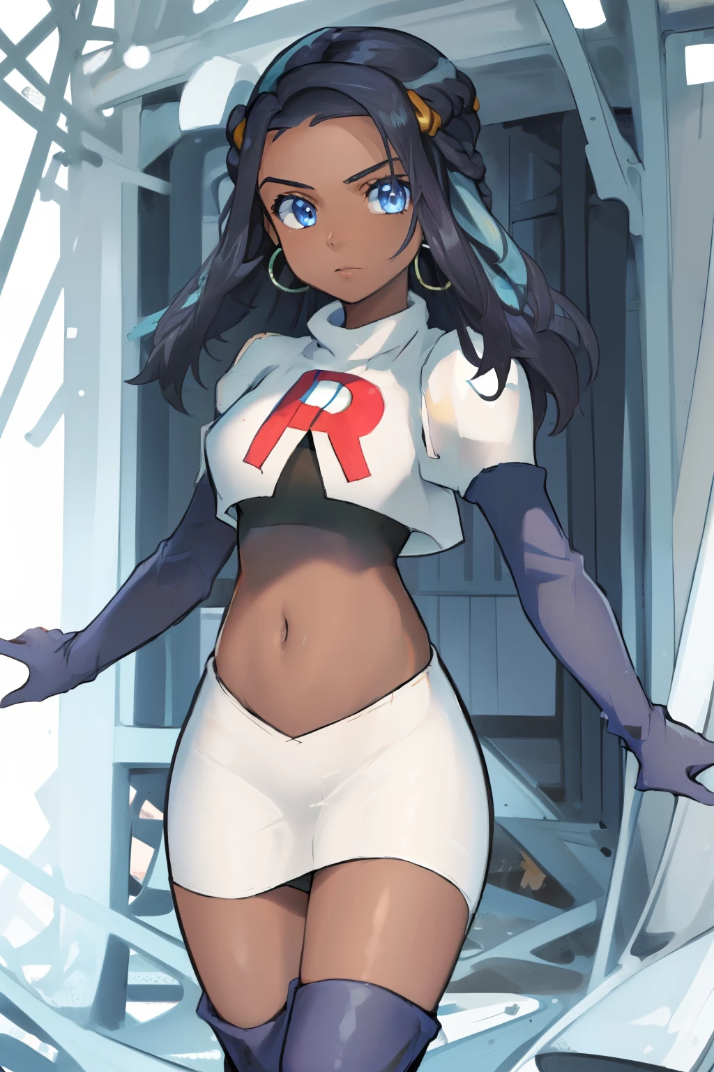 ((masterpiece,best quality)),  absurdres,
Nessa_Pokemon, 
1girl, solo, dark skin, blue eyes, black hair, blue hair, two-tone hair, earrings, 
solo, looking at viewer, cowboy shot, team rocket,team rocket uniform,white skirt,red letter R,crop top,black thigh-highs,black elbow gloves,,